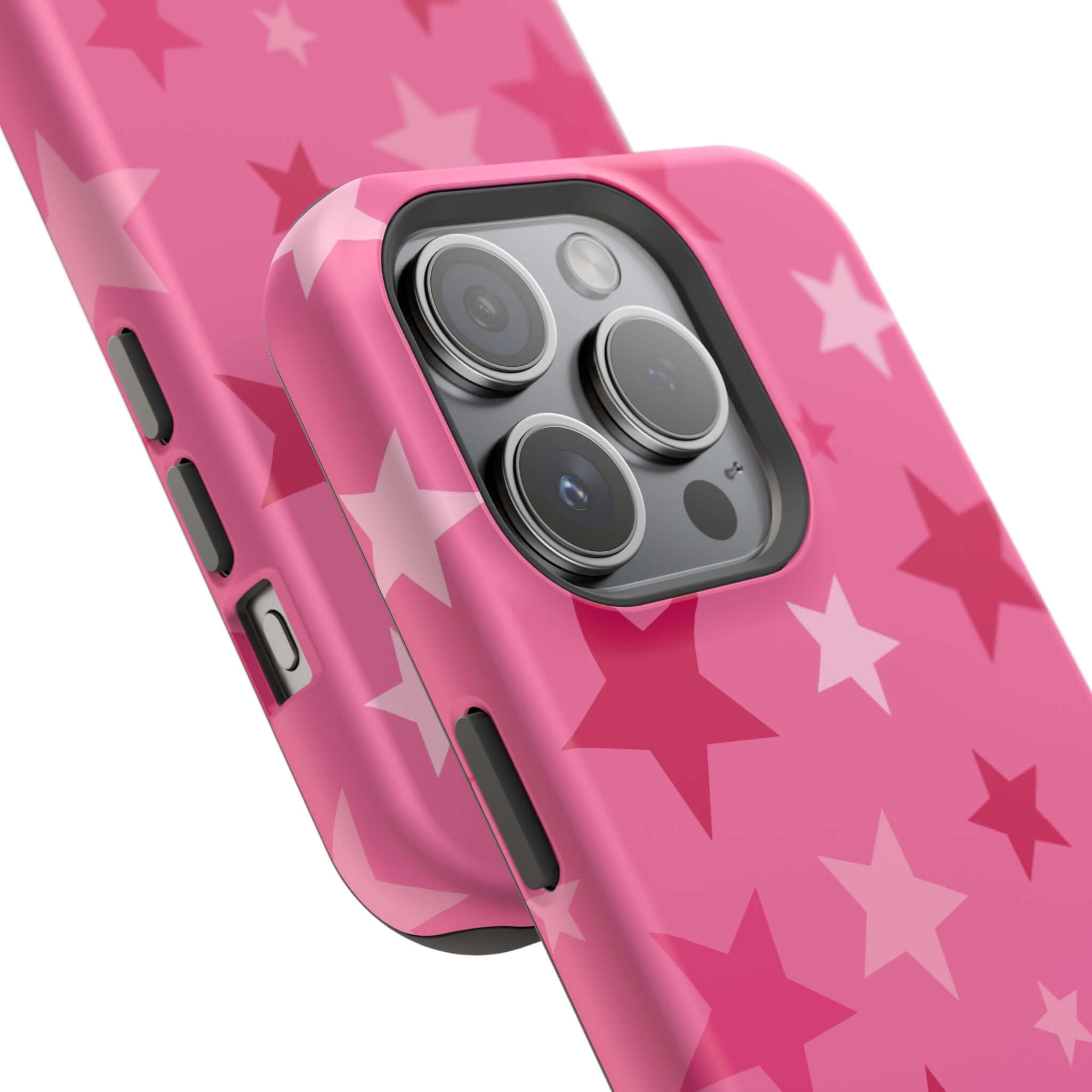 Cute pink iPhone case with star design, perfect for trendsetters seeking style and protection.