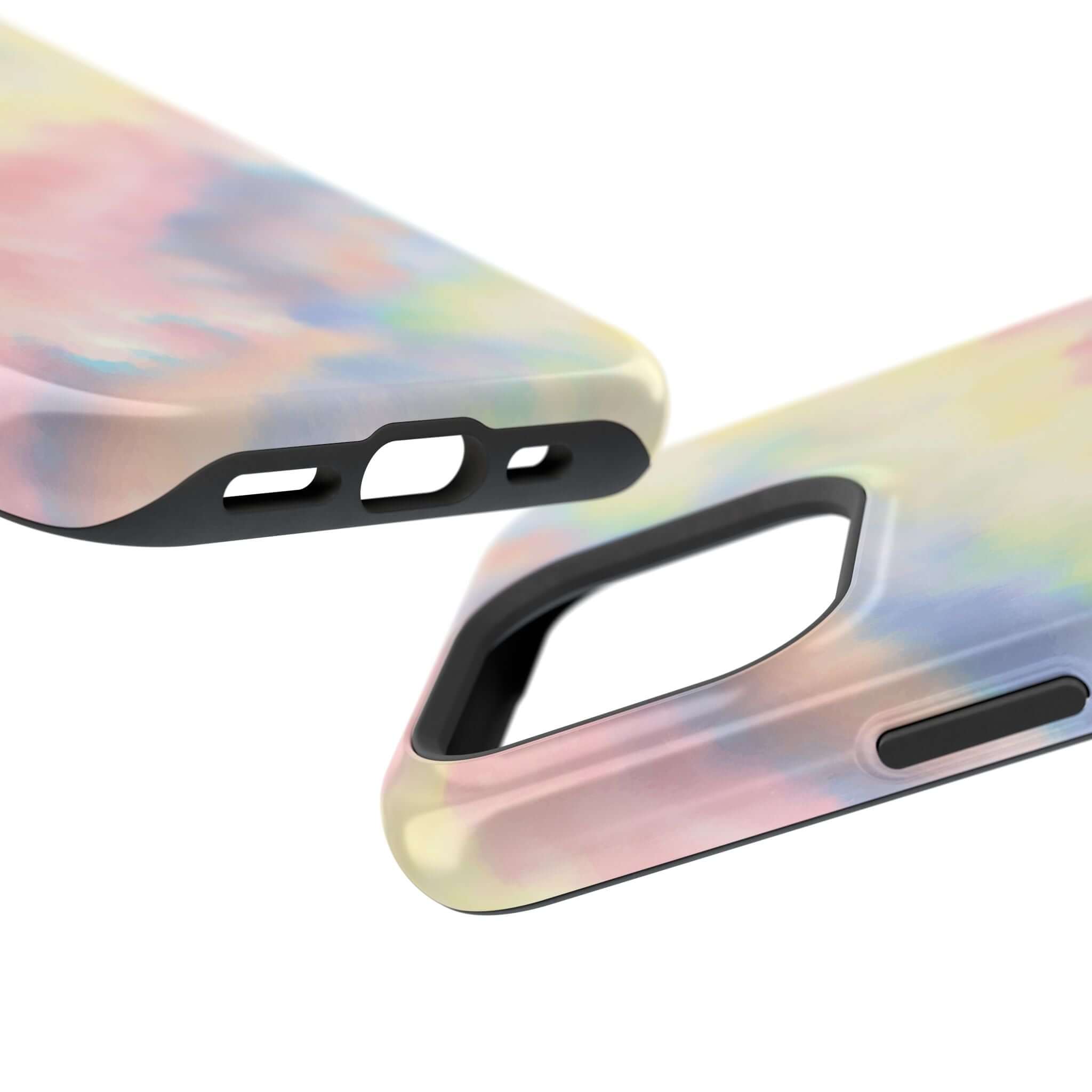 Pastel tie dye iPhone case with MagSafe compatibility, featuring a cute design for custom phone protection.