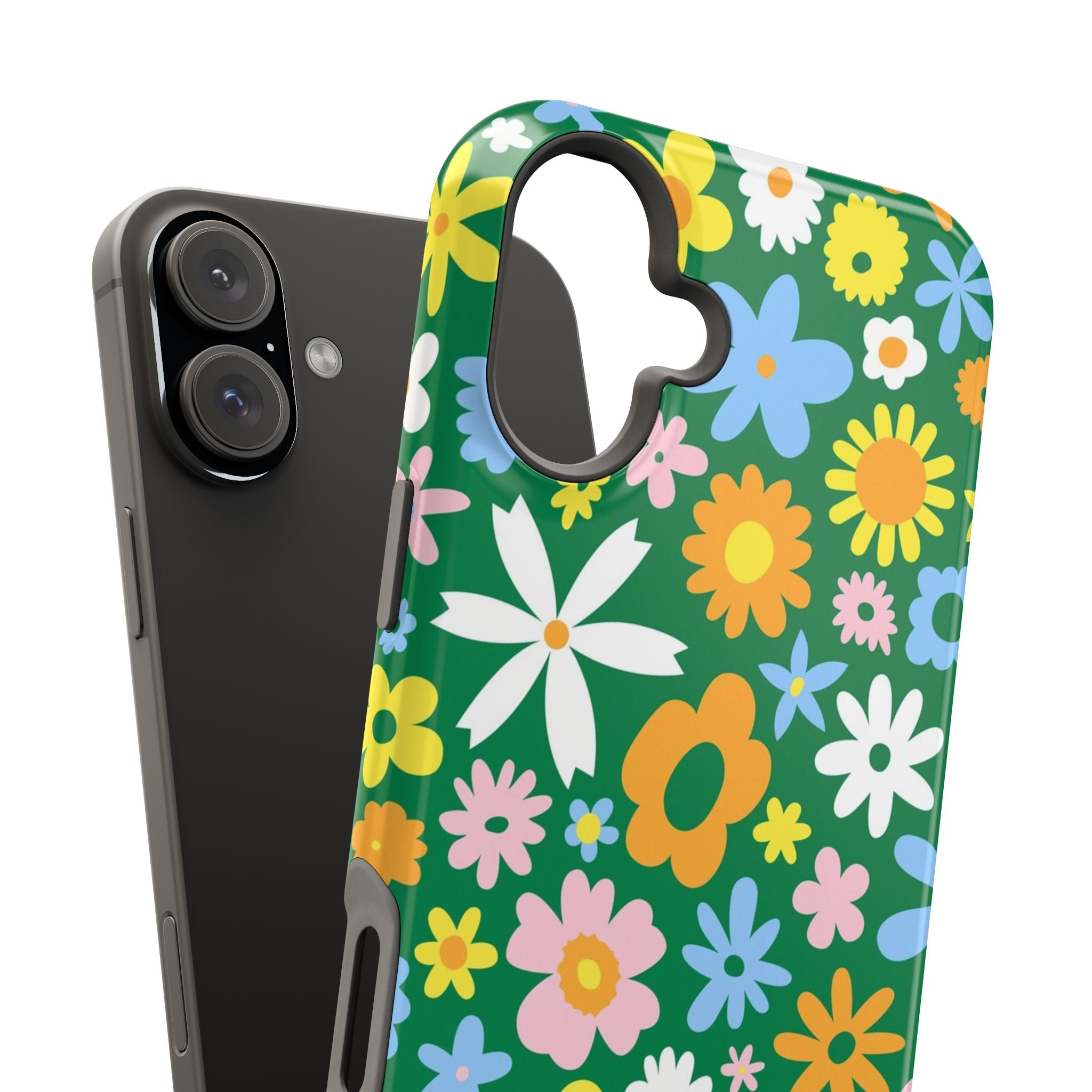 Hippie floral MagSafe iPhone case with vibrant green background and colorful flowers, perfect as a cute phone cover for flower power lovers.