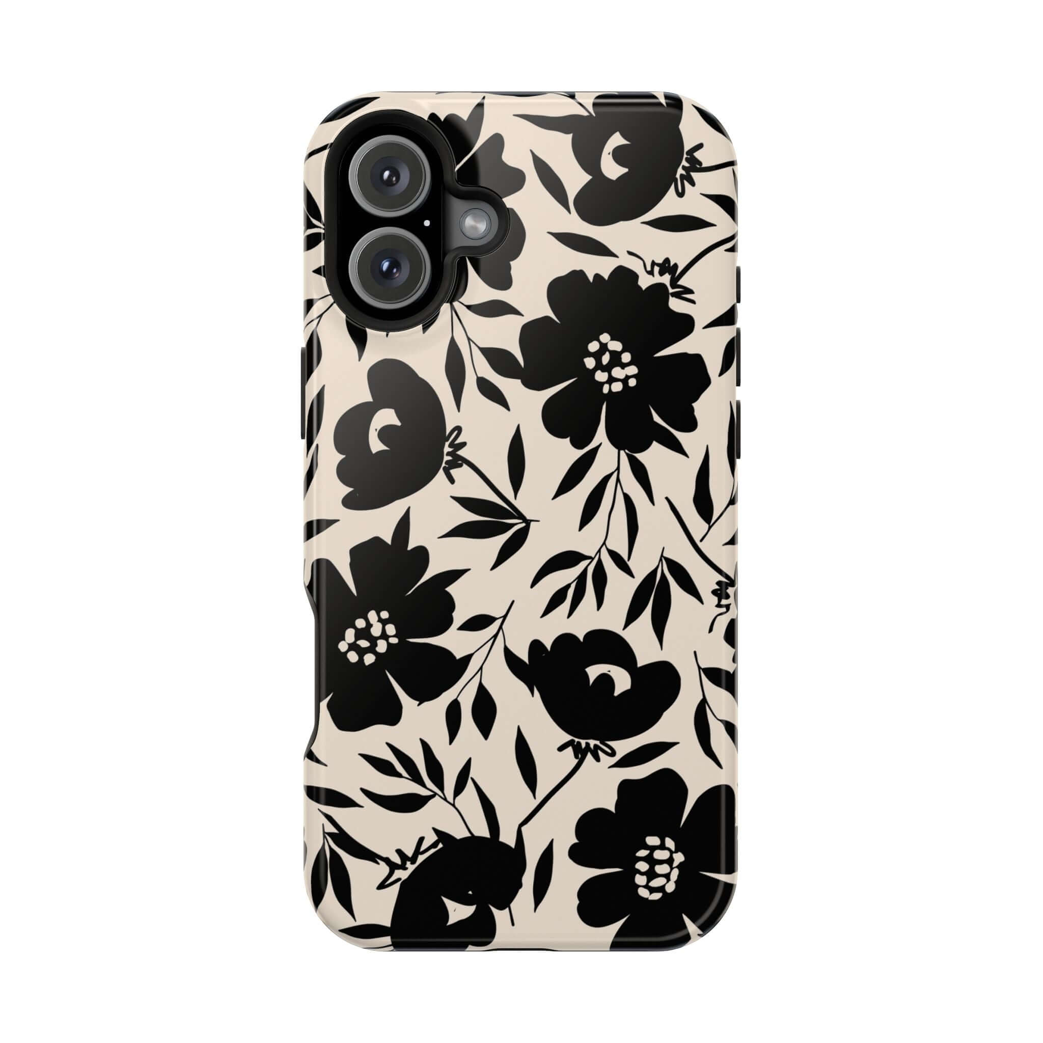 Eclipse Garden Black Floral Case for iPhone 16, Cute Phone Case with bold black flowers on beige background.