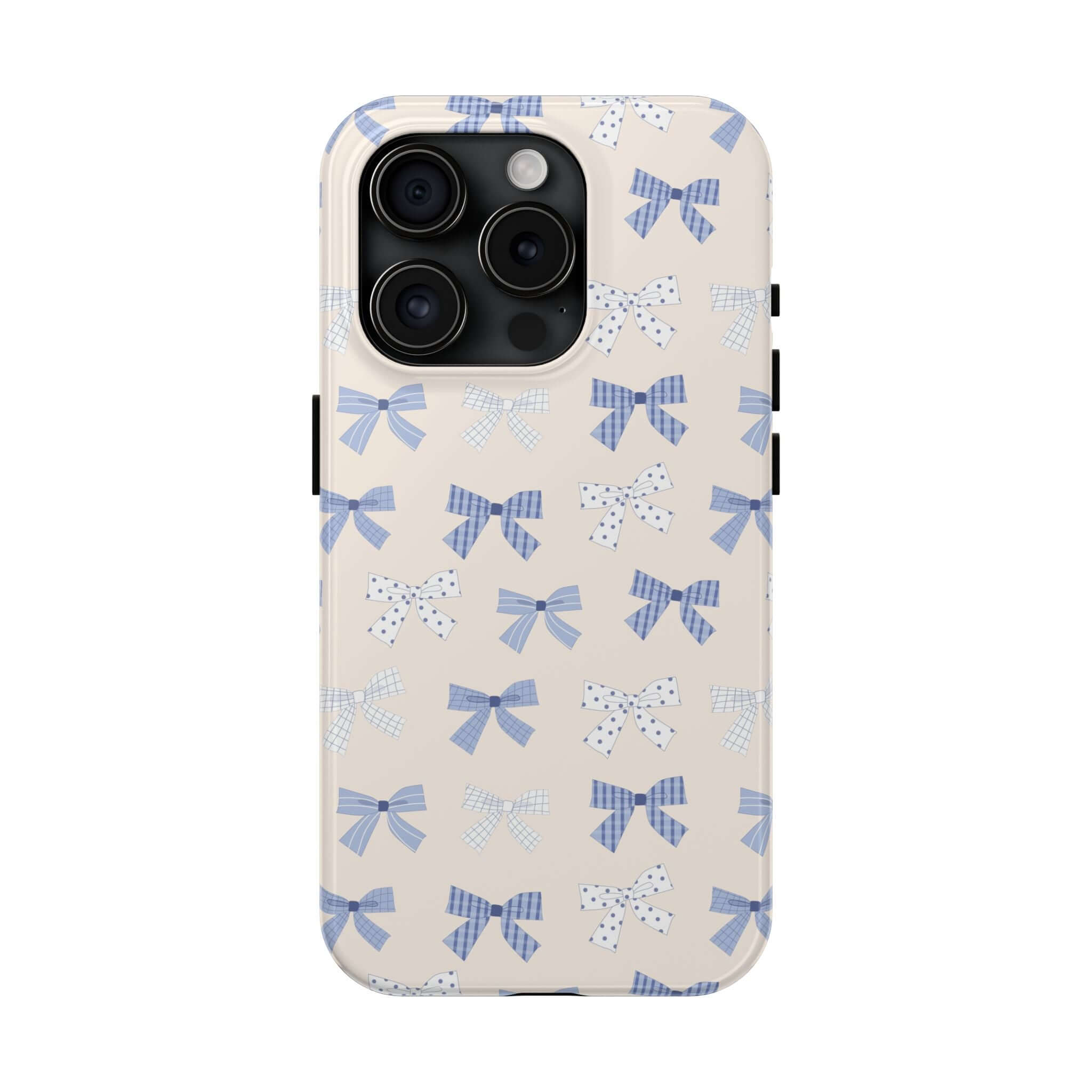 Cute phone case for iPhone 16 with blue bows, perfect for brides-to-be wanting a playful and stylish design.