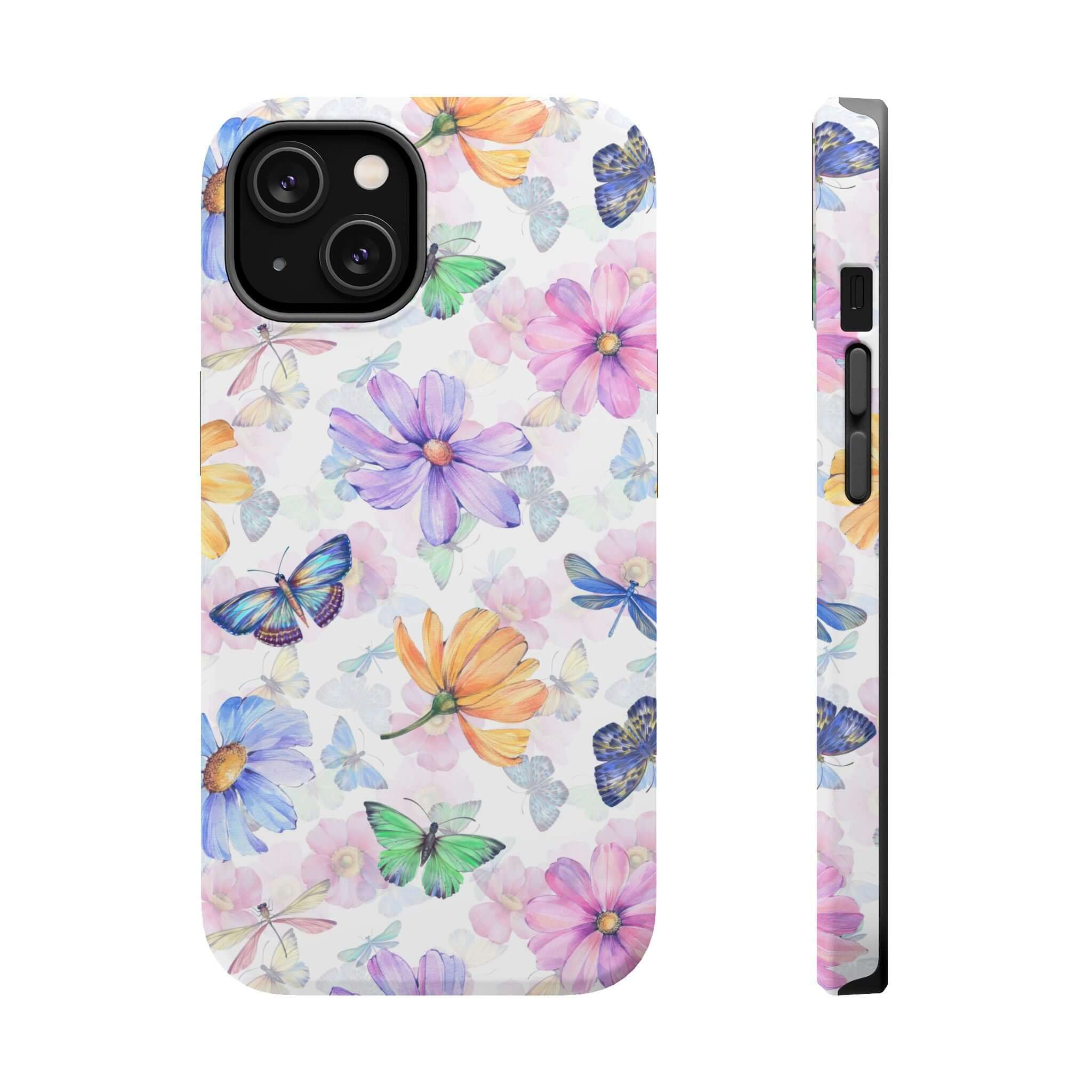 Cute Watercolor Butterfly MagSafe iPhone Case with colorful flowers, iPhone 16 compatible protective phone case