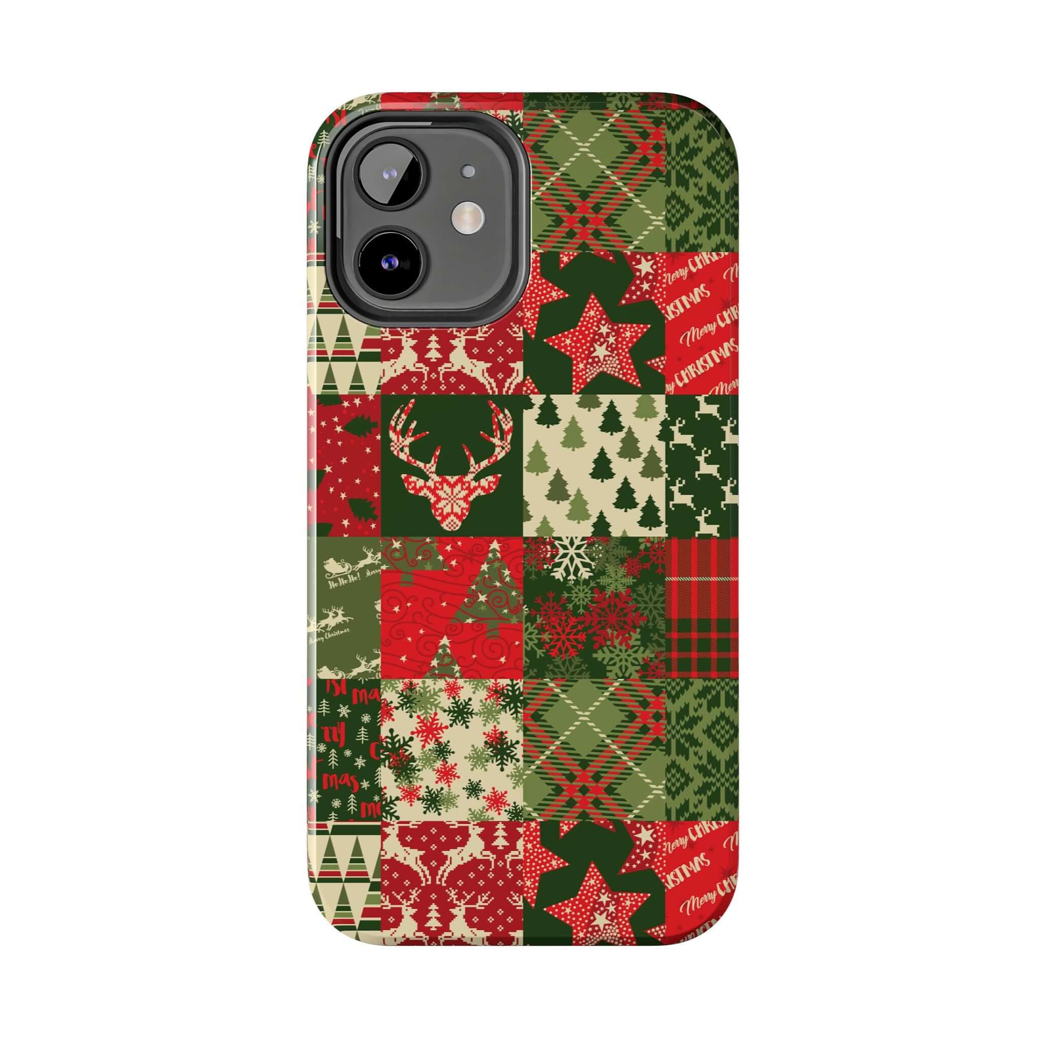 Green holiday-themed phone case with festive quilt-style design including Christmas trees, deer, and snowflakes for iPhone.