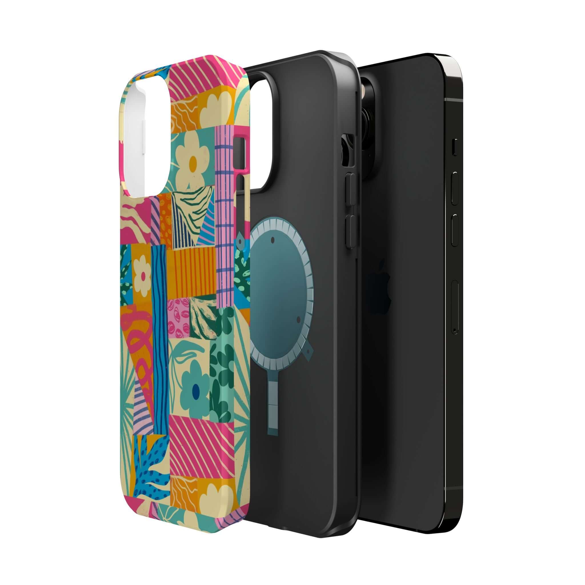 Colorful patchwork phone case for iPhone 16, cute and playful design, perfect for beach lovers seeking stylish protection.