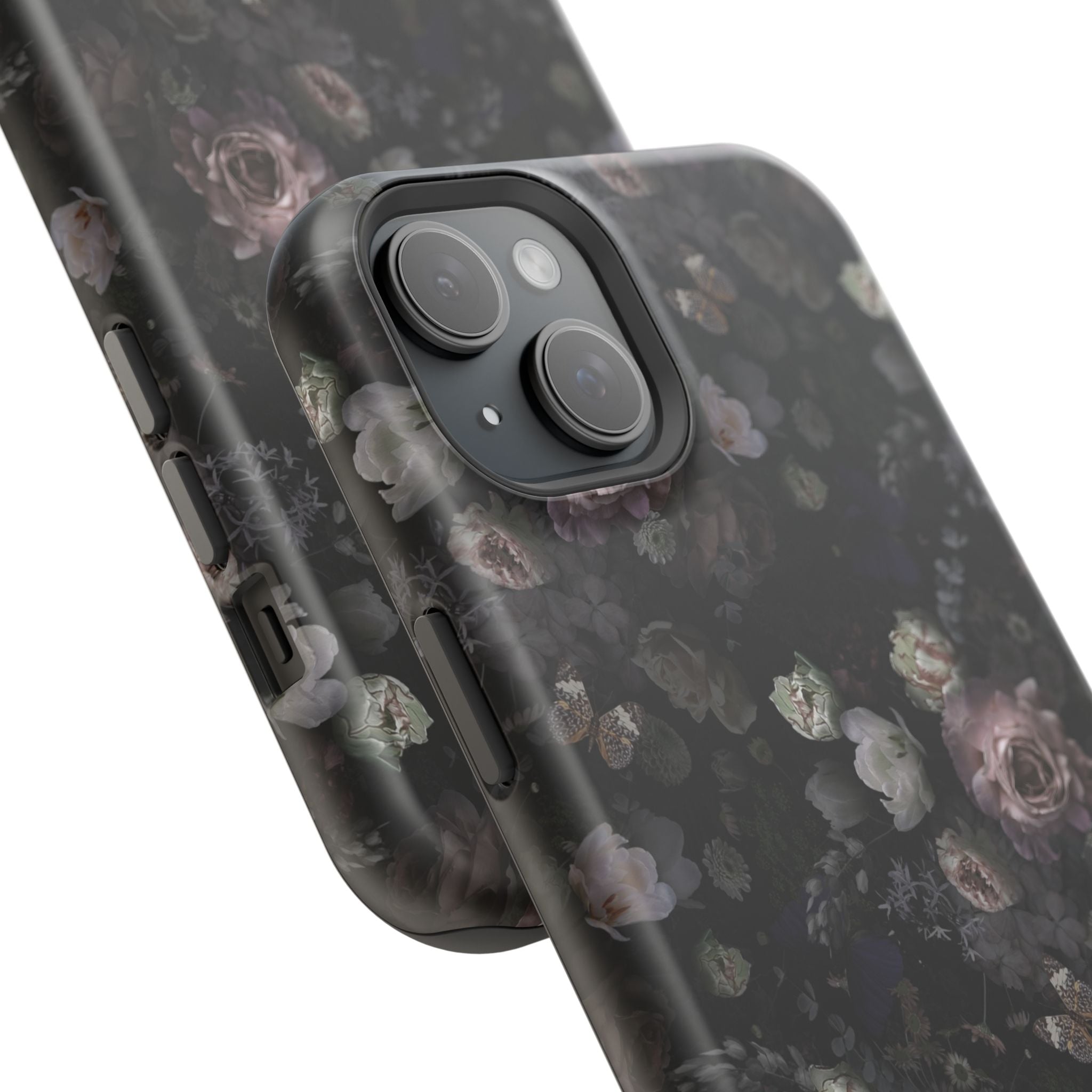 Midnight Curse Black Floral MagSafe iPhone Case with black roses, a cute phone cover for trendsetters seeking stylish protection.