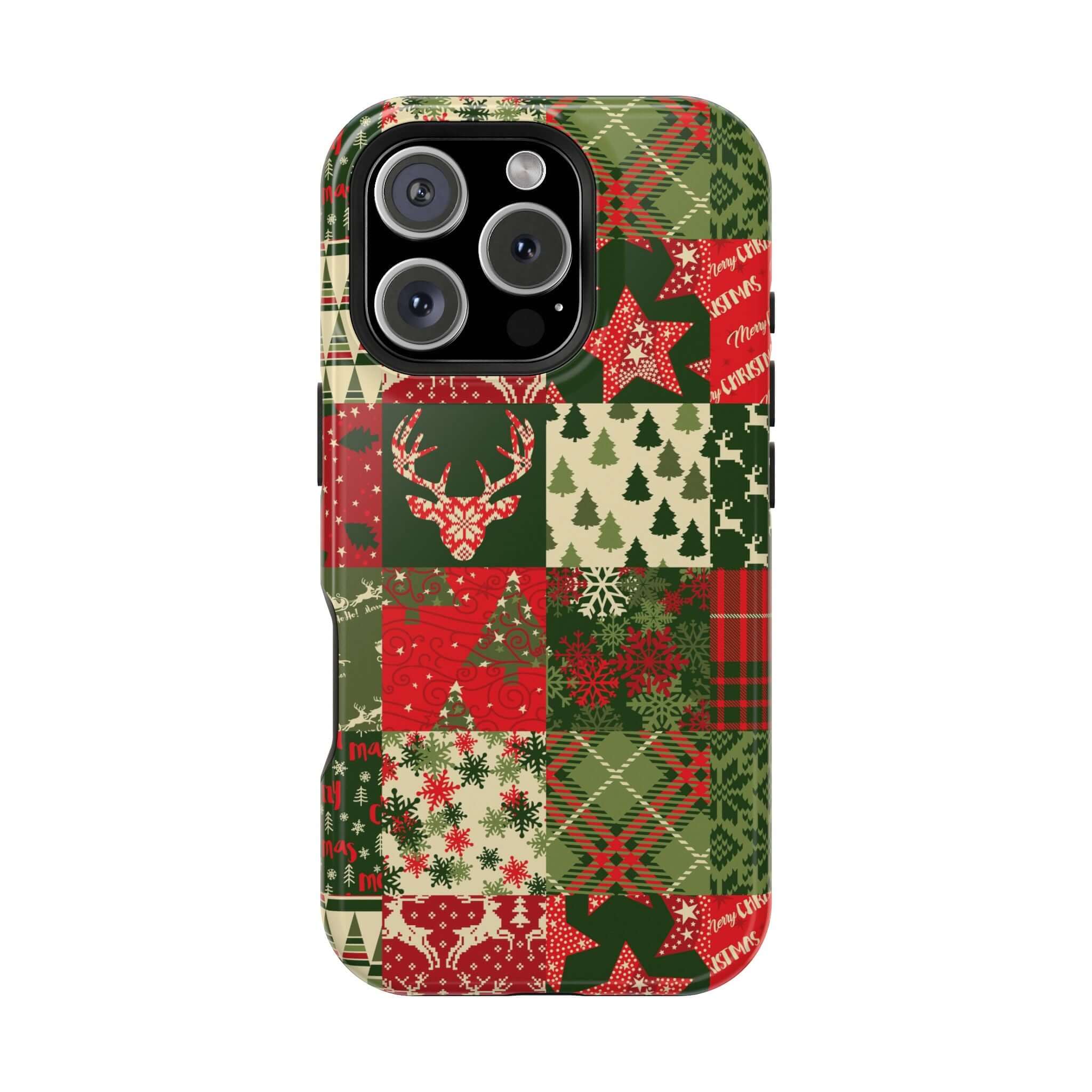 Cozy Quiltmas MagSafe case with festive holiday design, featuring reindeer, trees, and stars. Perfect Xmas phone case for Christmas.