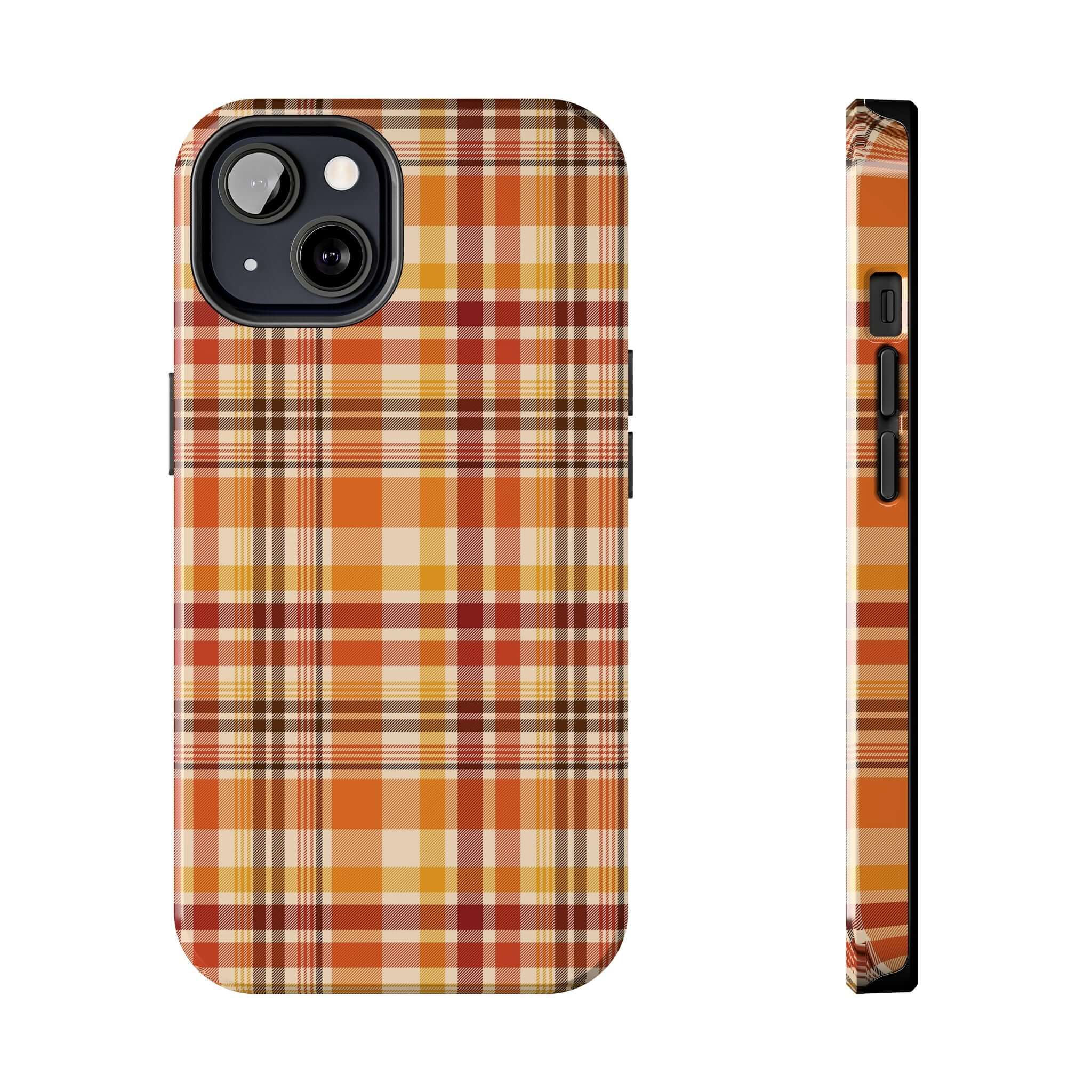 Autumn Air fall plaid phone case with orange and yellow check pattern, perfect Halloween and fall-themed cute iPhone case.