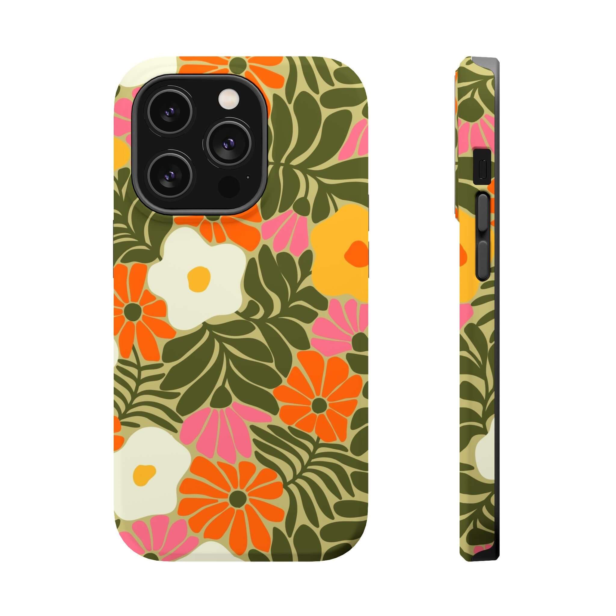 Cute phone cover featuring retro floral design in vibrant colors, perfect for Apple iPhone and tropical vibes.