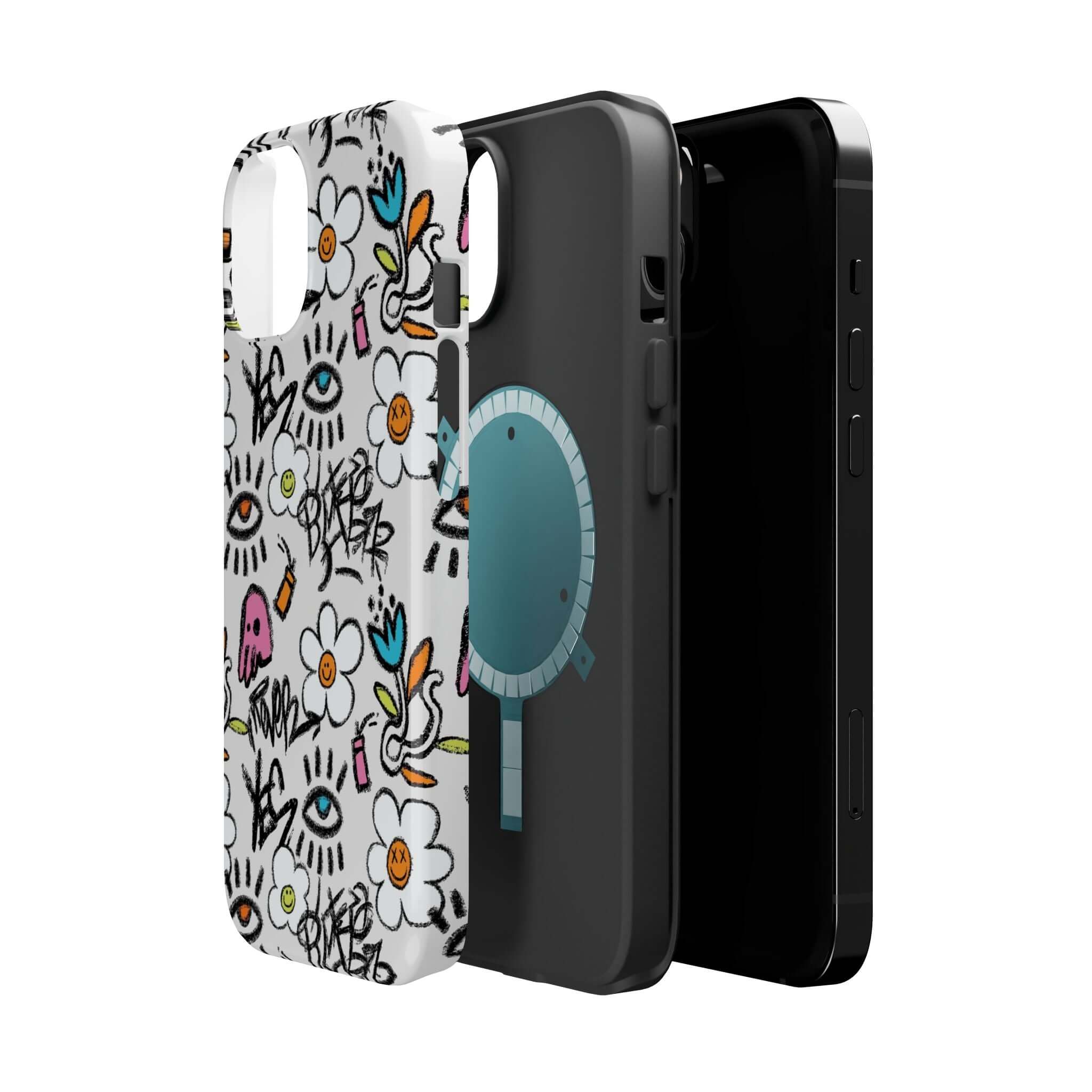 Colorful Happy Chaos Floral Graffiti iPhone case showcasing playful design and MagSafe technology.