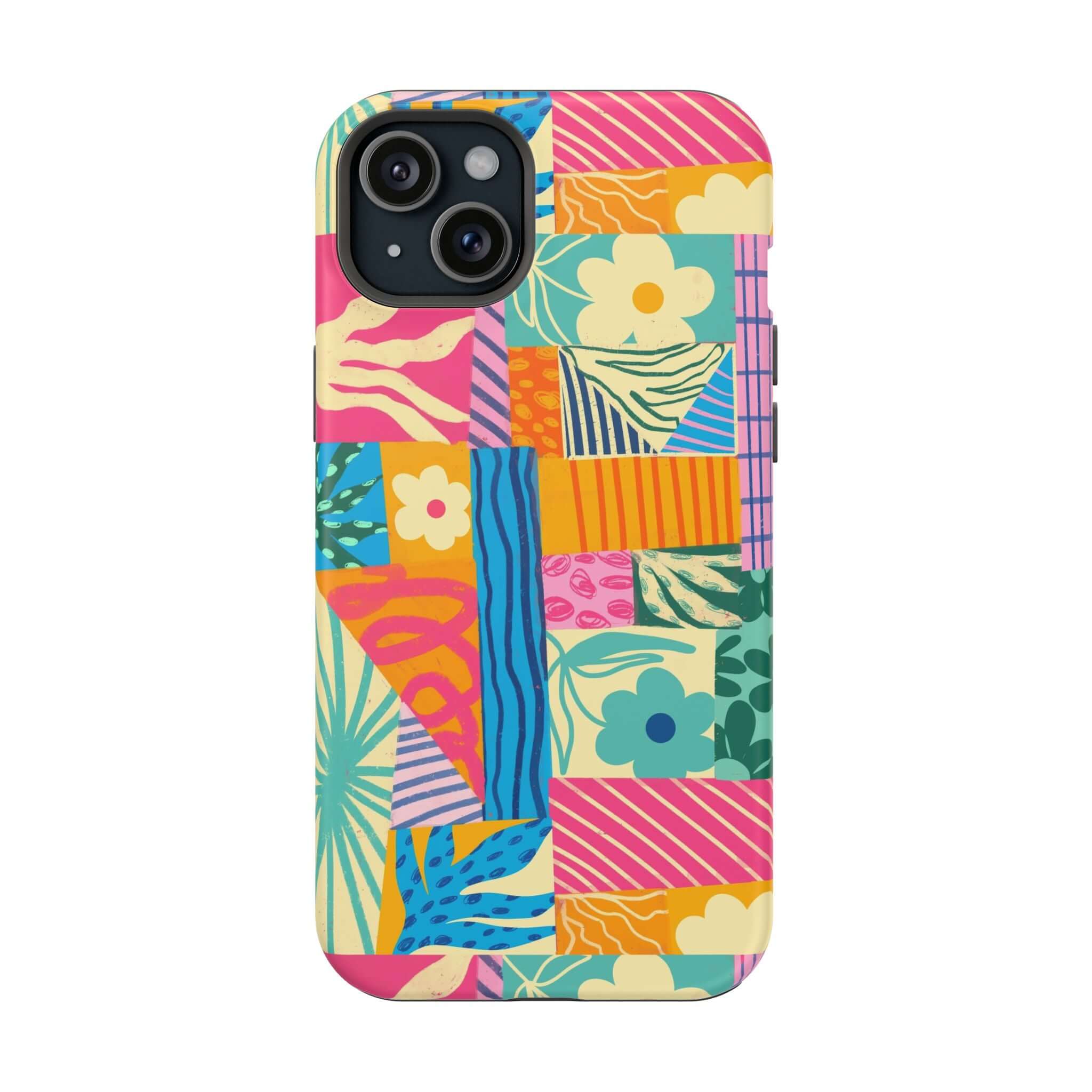 Colorful patchwork iPhone 16 case with floral and geometric designs, perfect for beach lovers seeking a cute, playful phone case.