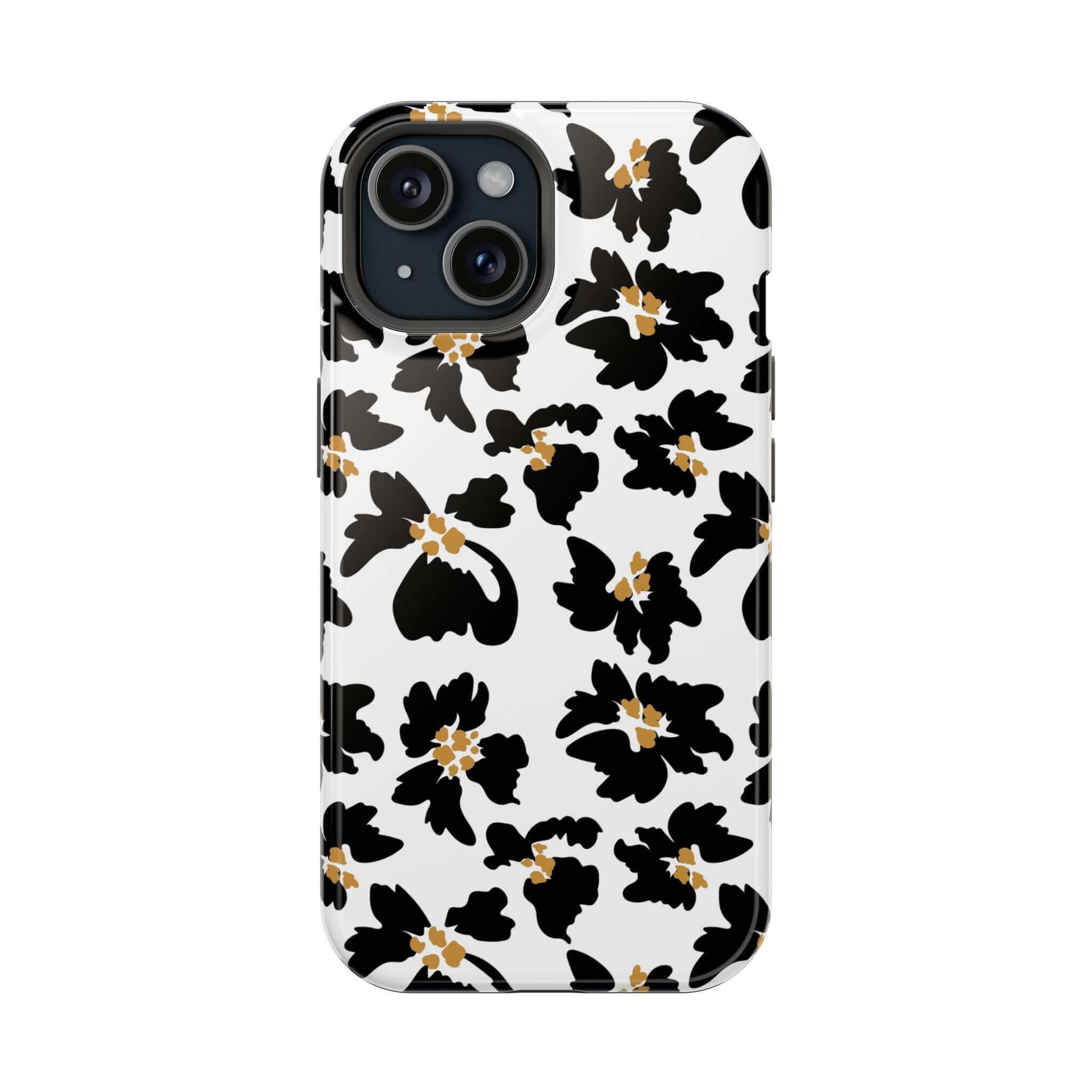 Noir Flora Black Floral Case on iPhone, modern phone cover with stylish animal print design, cute MagSafe compatible accessory.