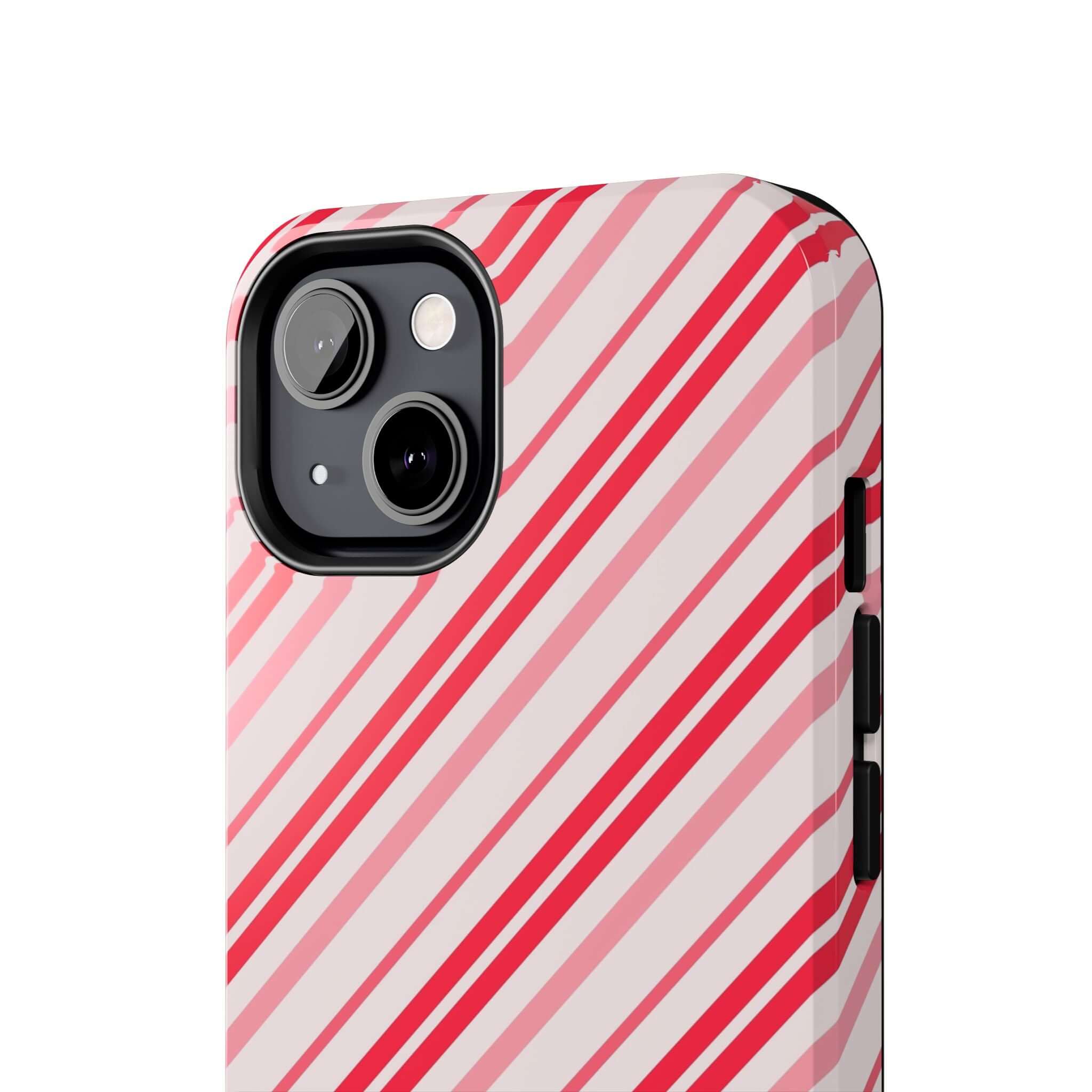 Cute iPhone case with red and white candy cane stripes, perfect for holiday style and phone case design.