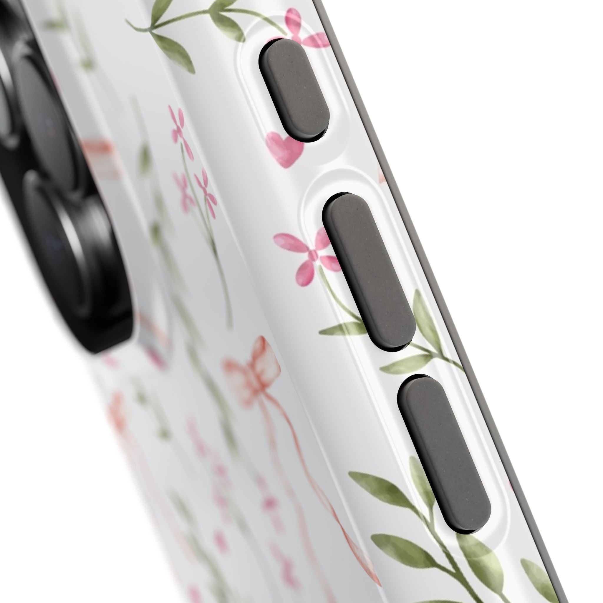 Close-up of Darling Daydream Pink Coquette Case with floral design, featuring MagSafe compatibility for iPhone. Cute phone cover accessory.