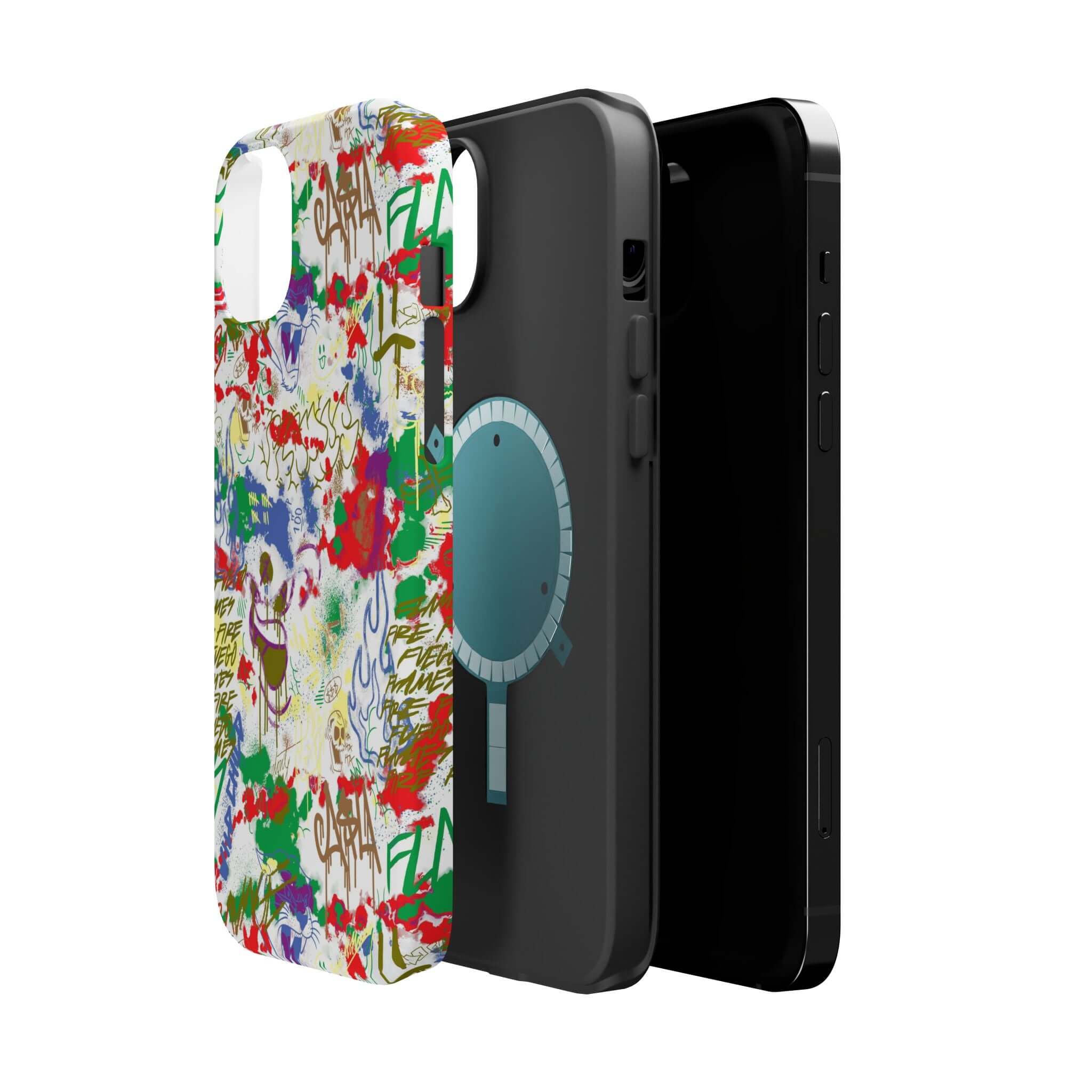 Colorful graffiti phone case design for iPhone, showcasing cute artwork and MagSafe compatibility.