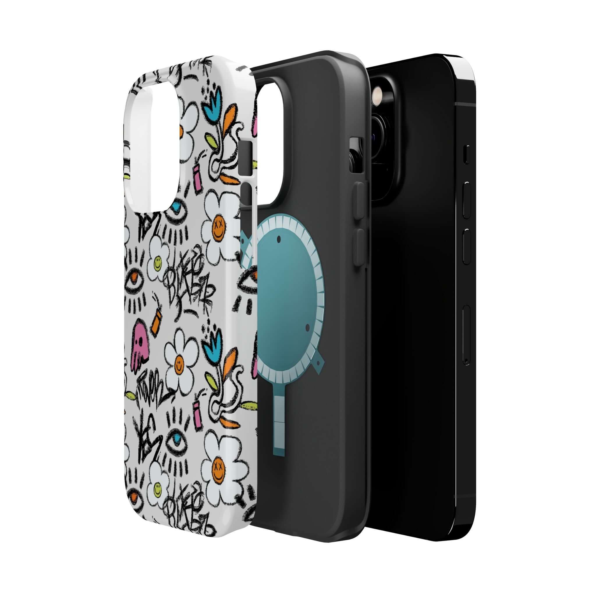 Playful Happy Chaos Floral Graffiti Case and sleek black iPhone case showcasing vibrant designs. Perfect cute phone cover!