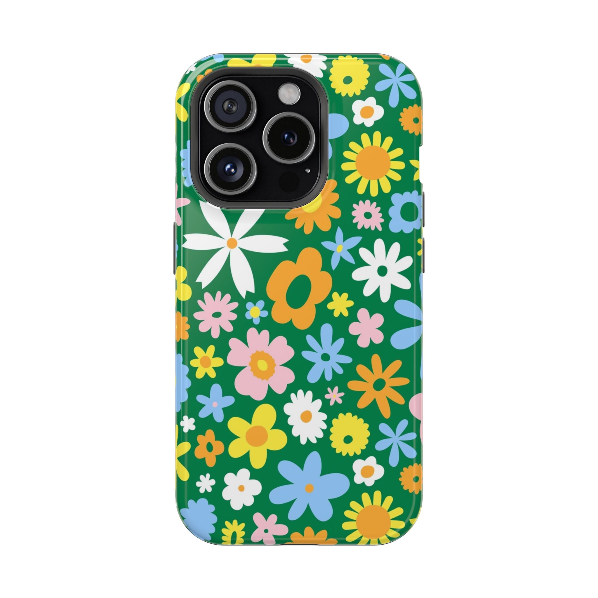 MagSafe iPhone Case with vibrant floral hippie design on green background, a cute phone cover for a quirky style statement.