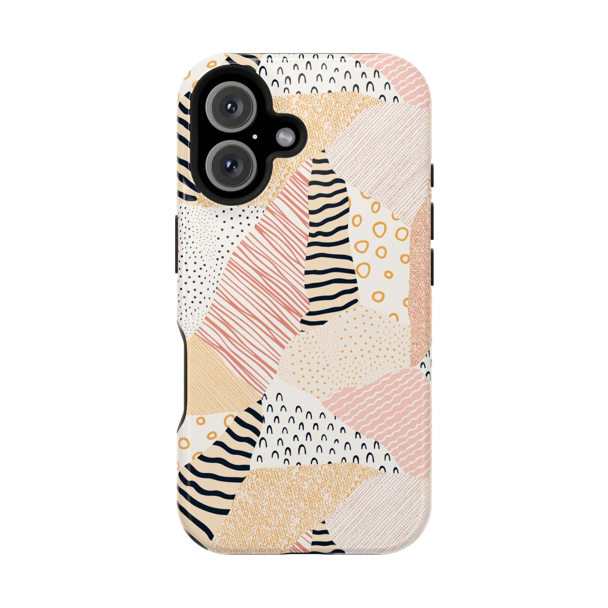 Cute patchwork phone case for iPhone 16 with pastel colors and geometric patterns.