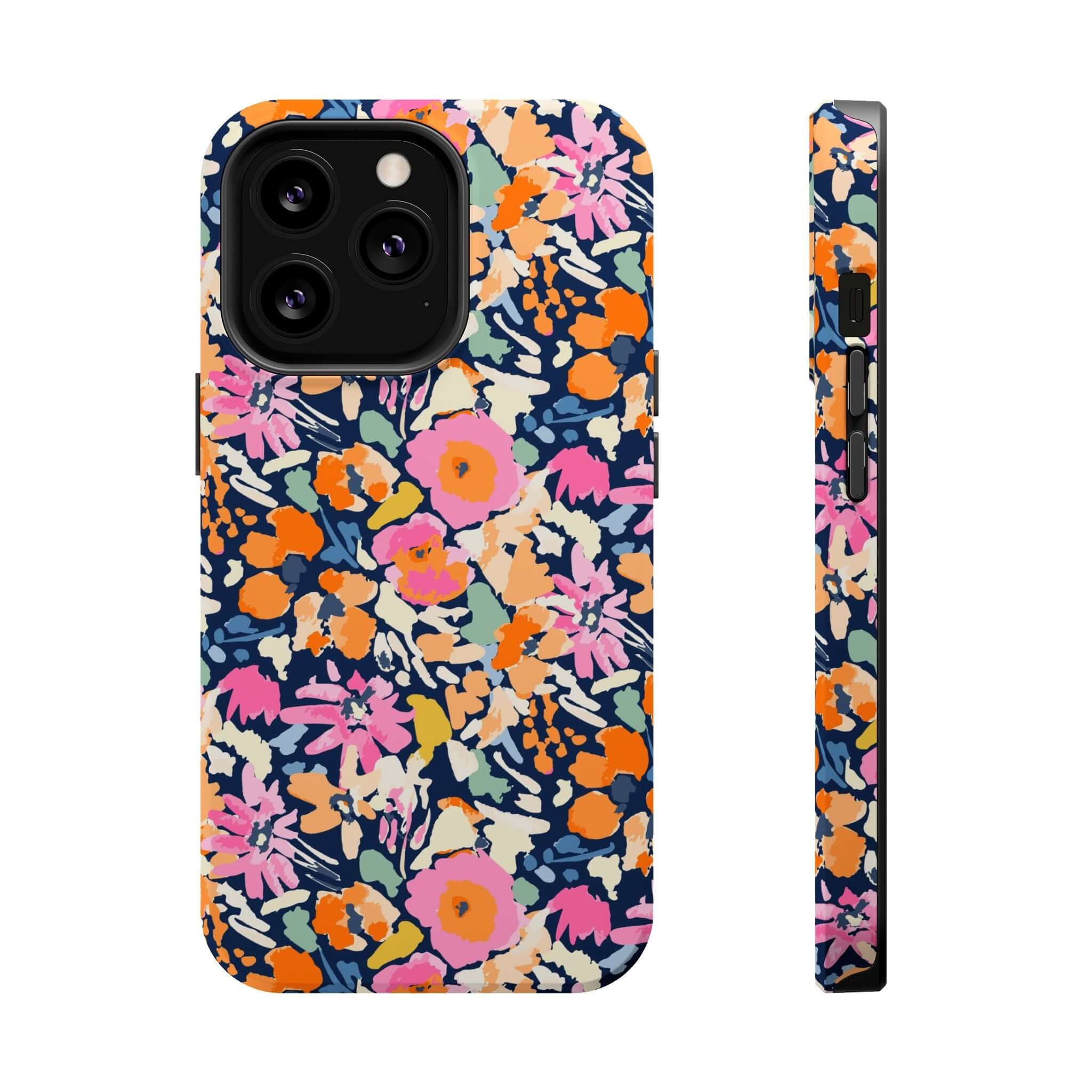 Colorful floral Botanic Burst MagSafe iPhone 16 case, cute and protective phone case with vibrant flowers, side and back view.