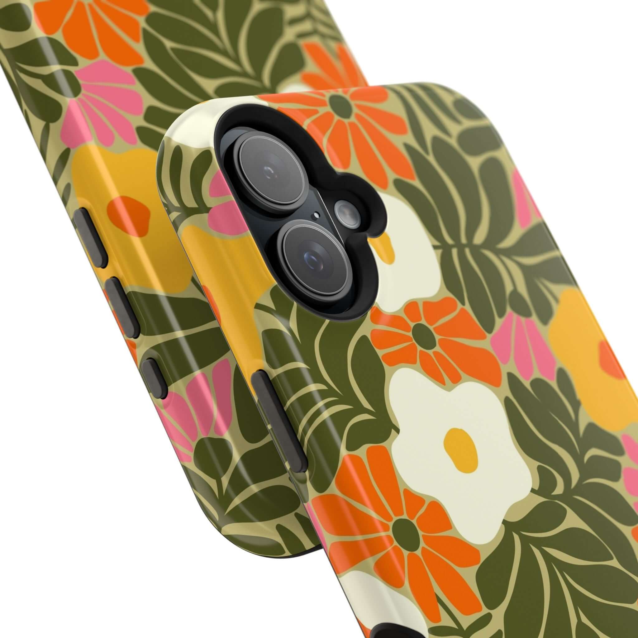 Retro floral phone case featuring vibrant colors, perfect cute phone cover for iPhone with MagSafe compatibility.