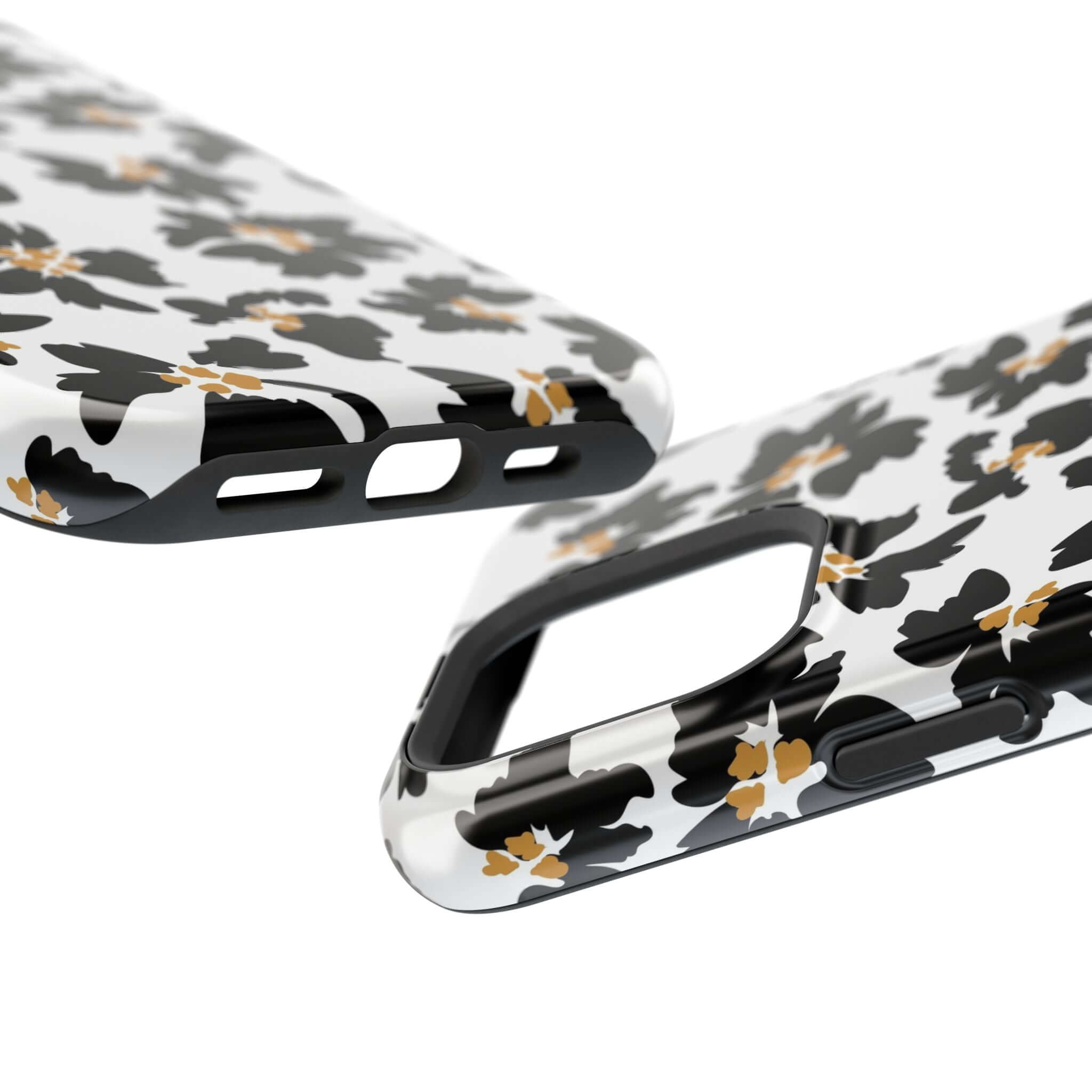 Modern Noir Flora black floral iPhone case with animal print design, featuring cute flowers and MagSafe compatibility for stylish protection.