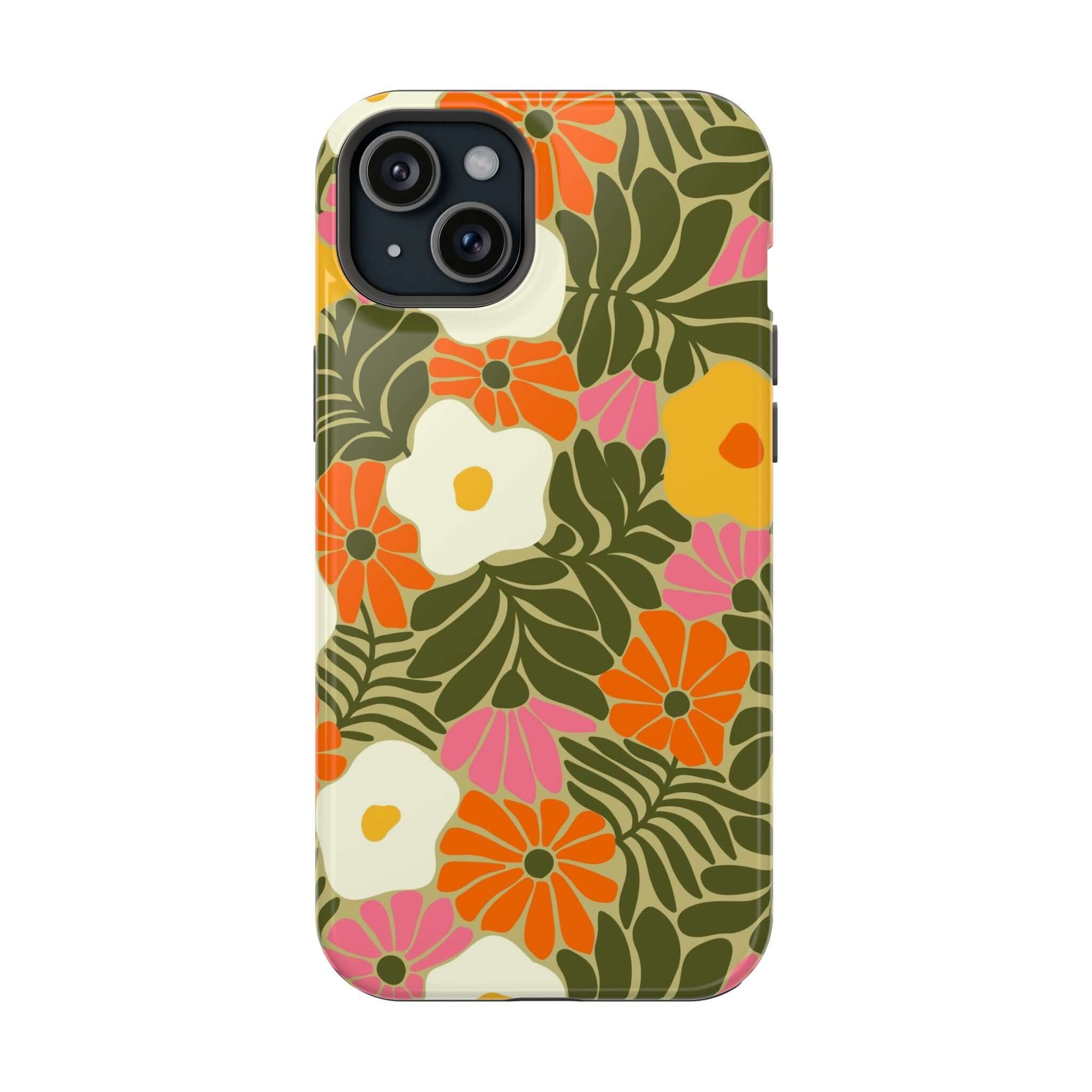 Retro floral case for iPhone featuring vibrant colors and tropical vibes, a cute phone cover for stylish protection.