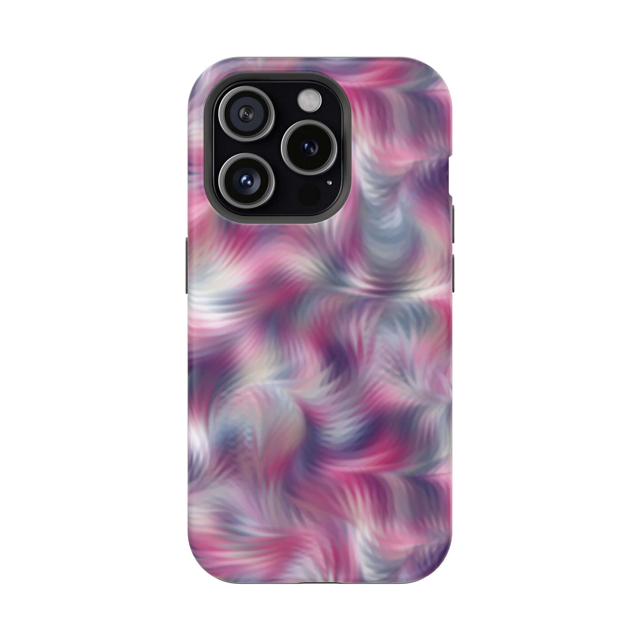 MagSafe iPhone case with purple tie dye swirl design, cute floral abstract phone cover for quirky style and protection.