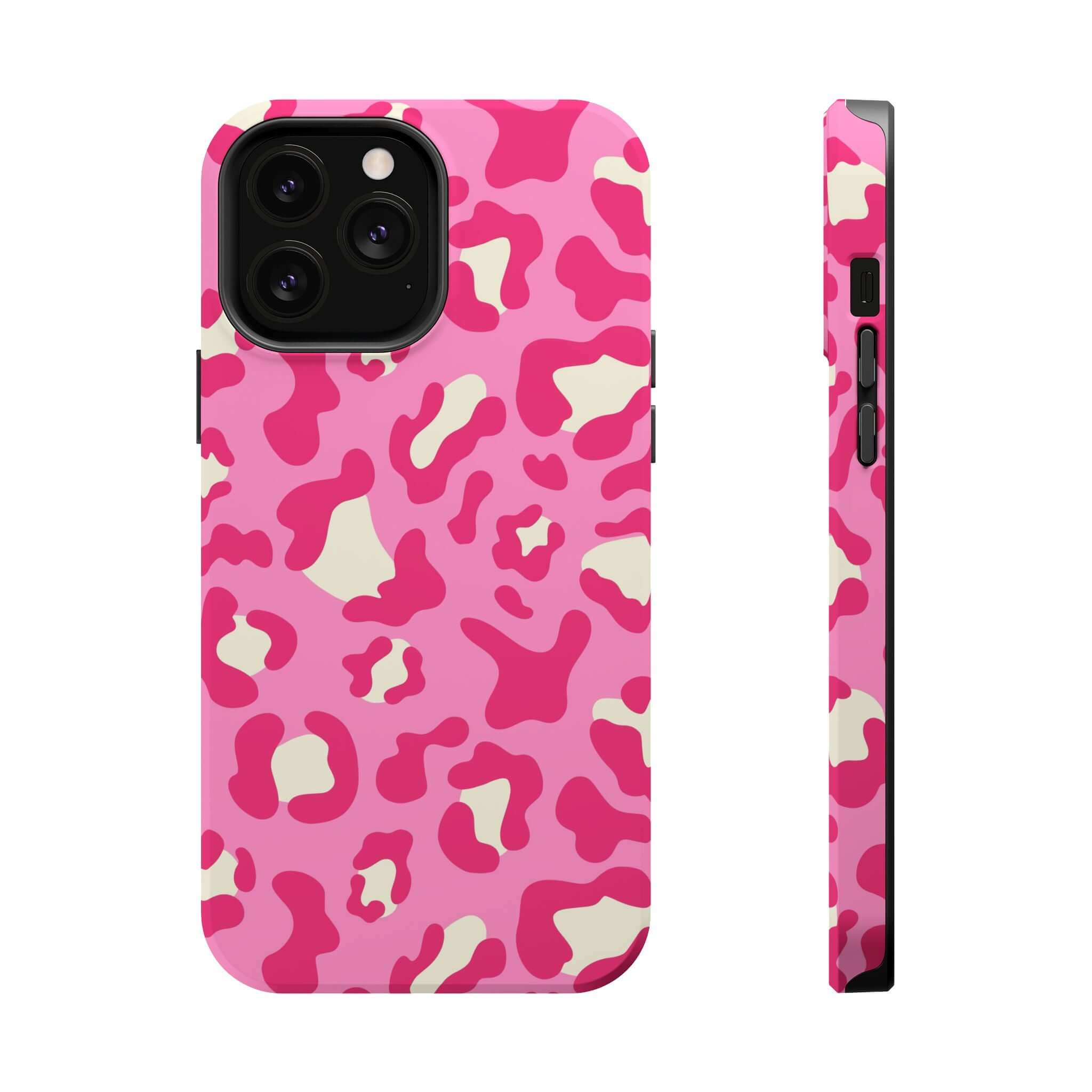 Preppy Cheetah Pink Case for iPhone 14 Pro Max with a vibrant magenta and cream animal print design.