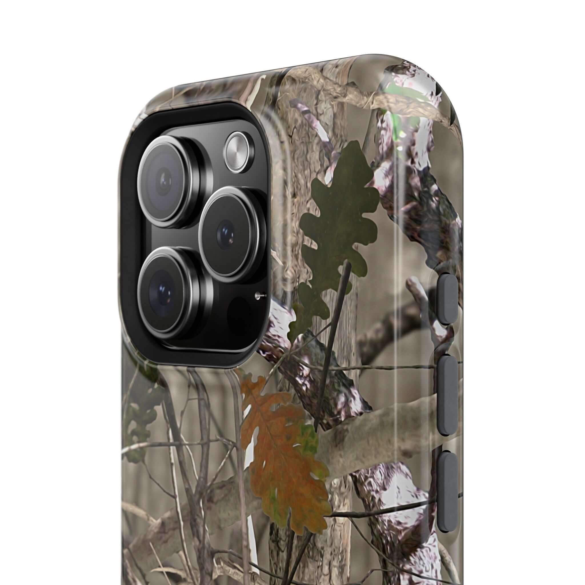 Forest camo MagSafe iPhone case with modern animal print design, offering cute, quirky style and phone protection.