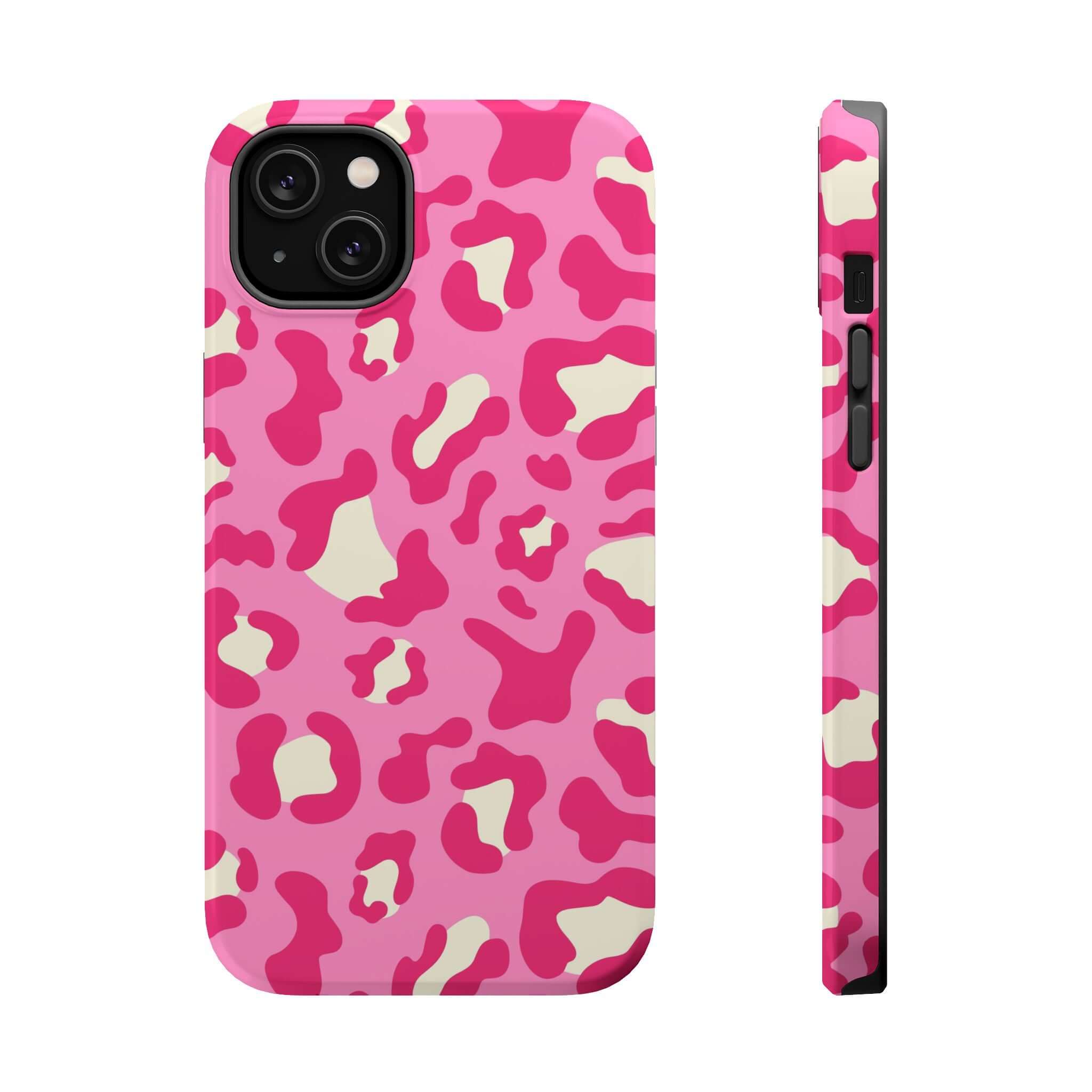 Preppy Cheetah Pink Case for iPhone 14 Pro Max showcasing vibrant cheetah print design, side and back view of colorful MagSafe phone case