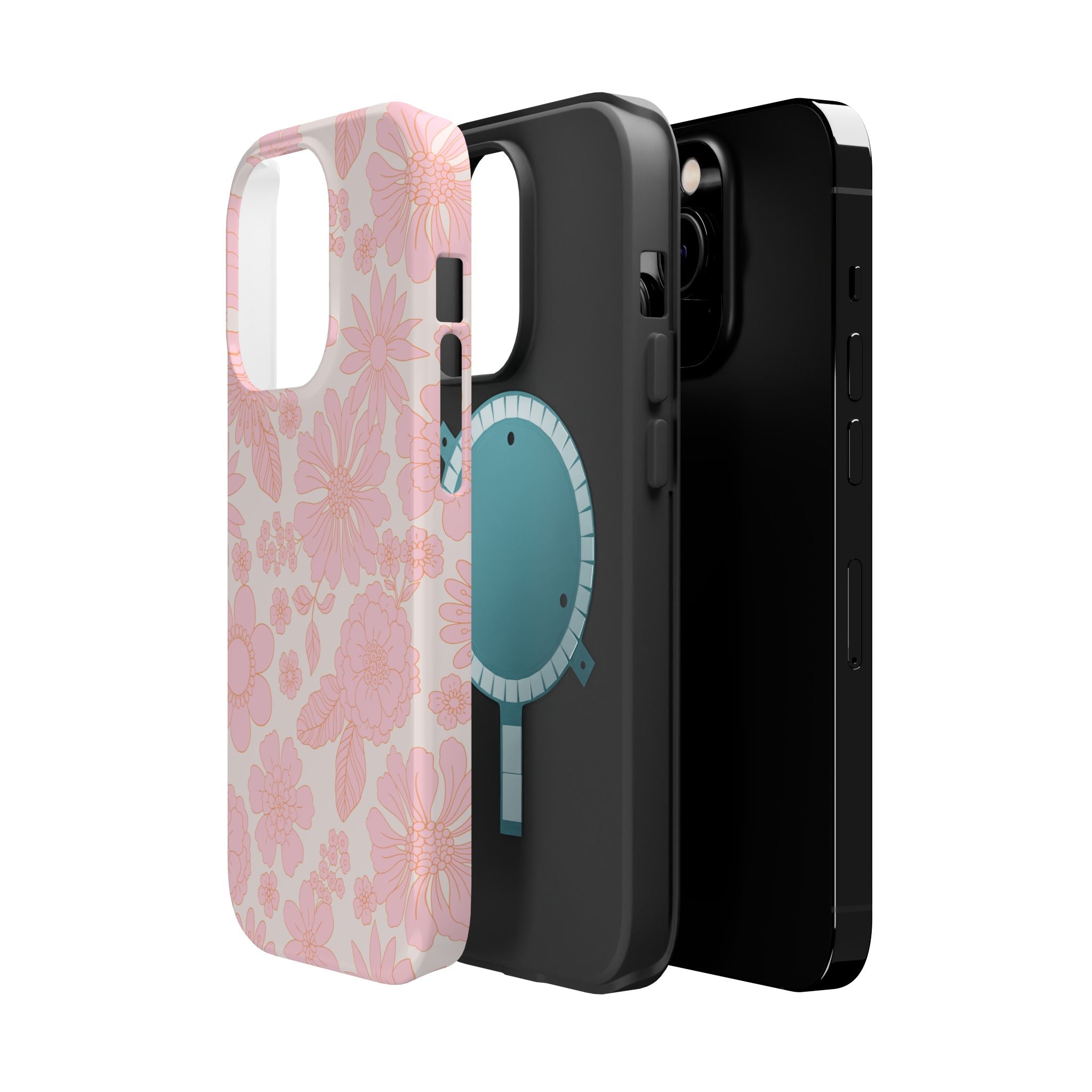 Pink floral MagSafe phone case for iPhone 16, featuring a whimsical cottagecore design, cute protective cover.