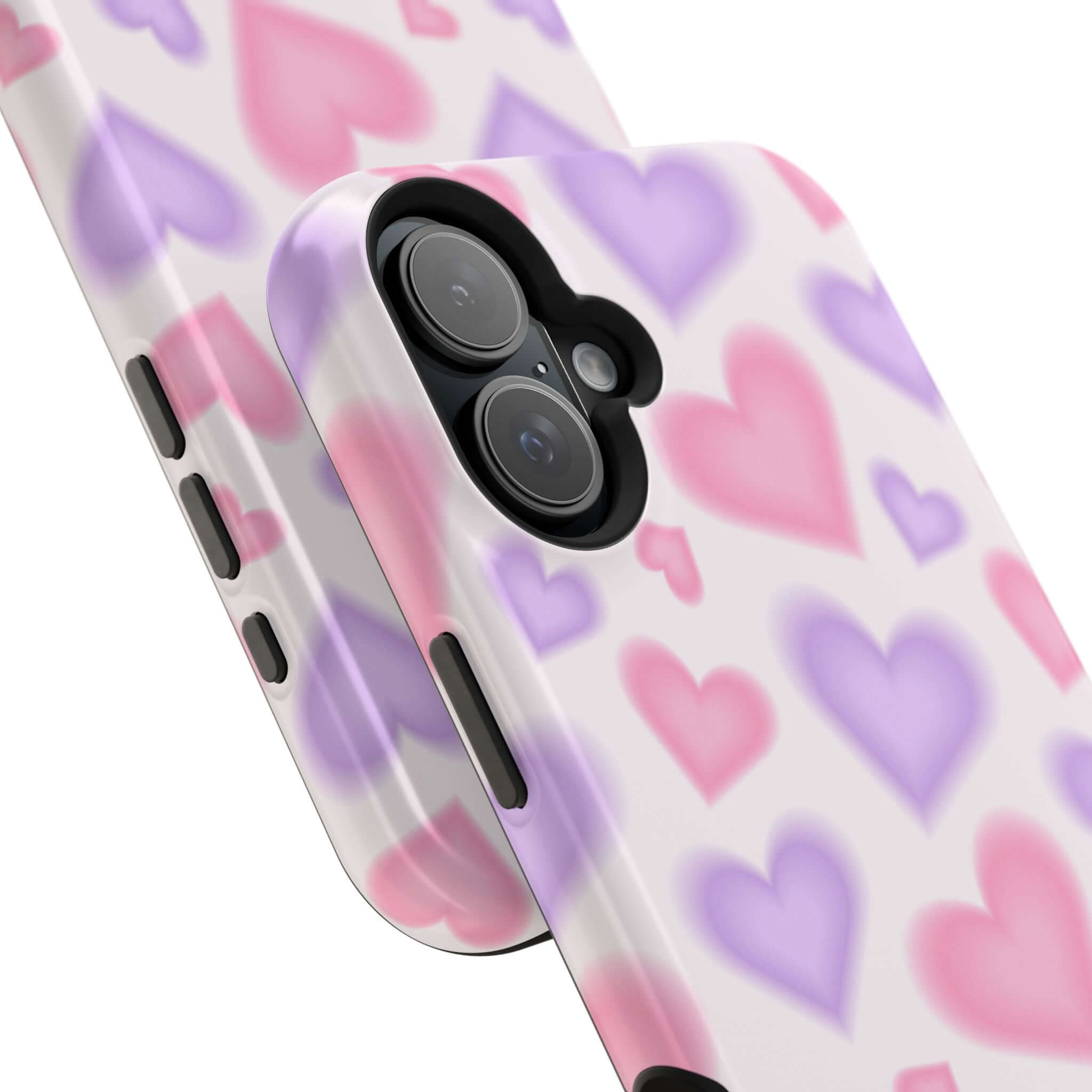 Cute phone cover with pink and purple hearts design for Apple iPhone, adding a playful touch of love.