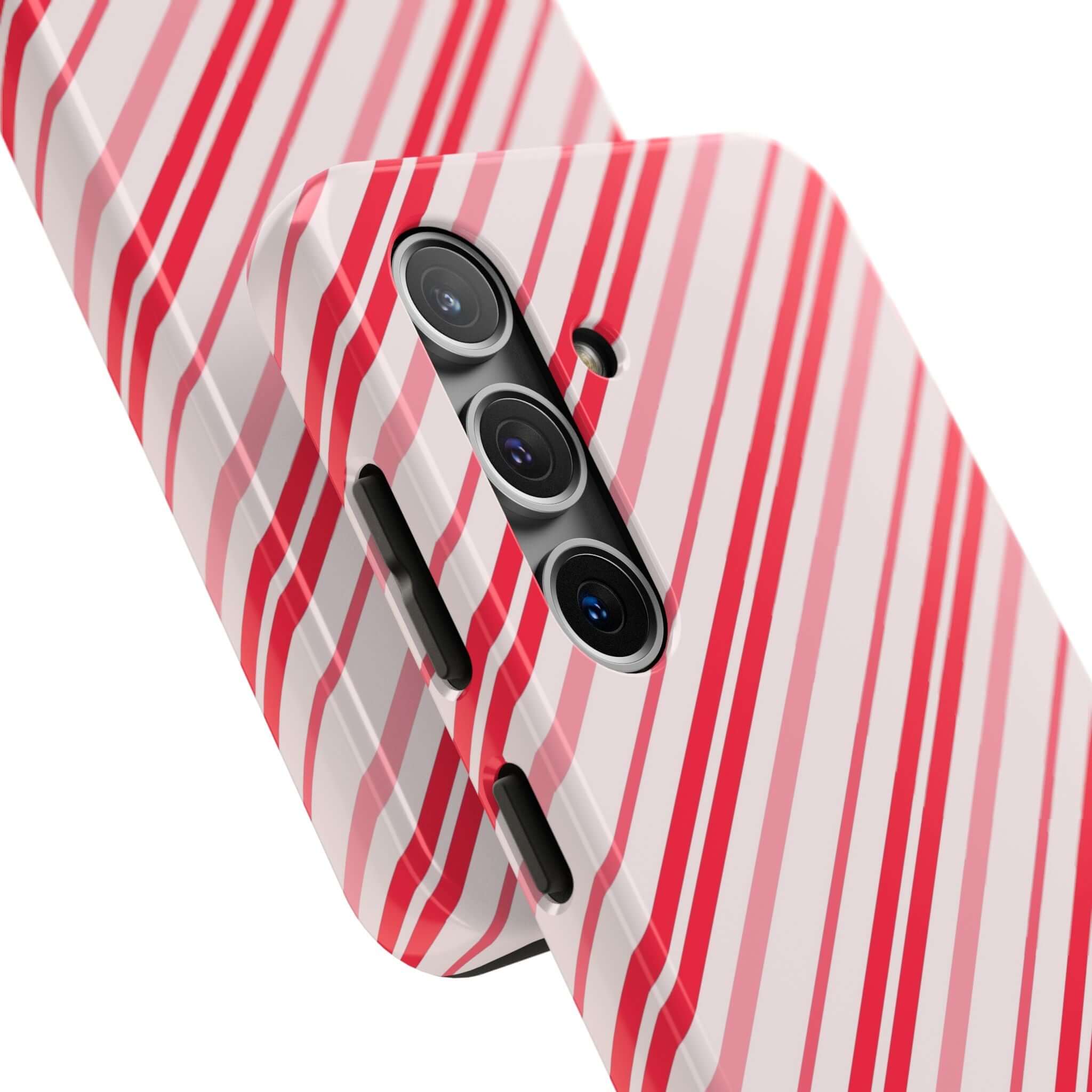 Red and white striped holiday phone case, perfect cute iPhone accessory, ideal Christmas gift, custom phone case design.