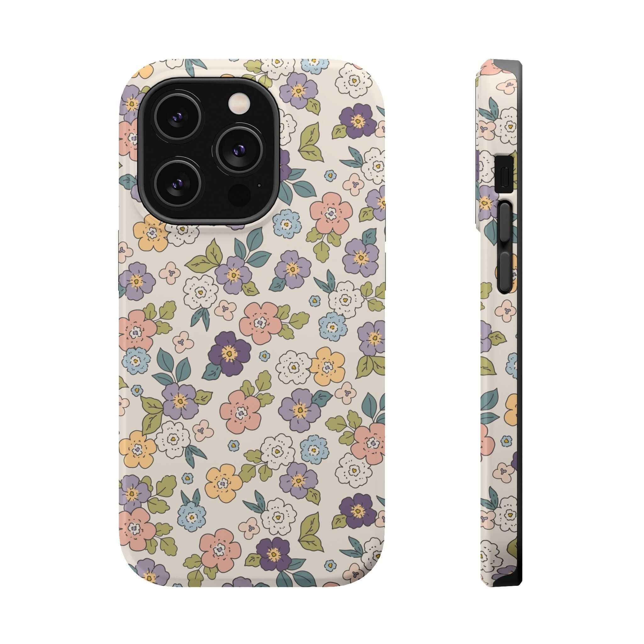 Colorful Ditsy Daisies floral iPhone case, perfect cute phone cover with MagSafe compatibility for stylish users.