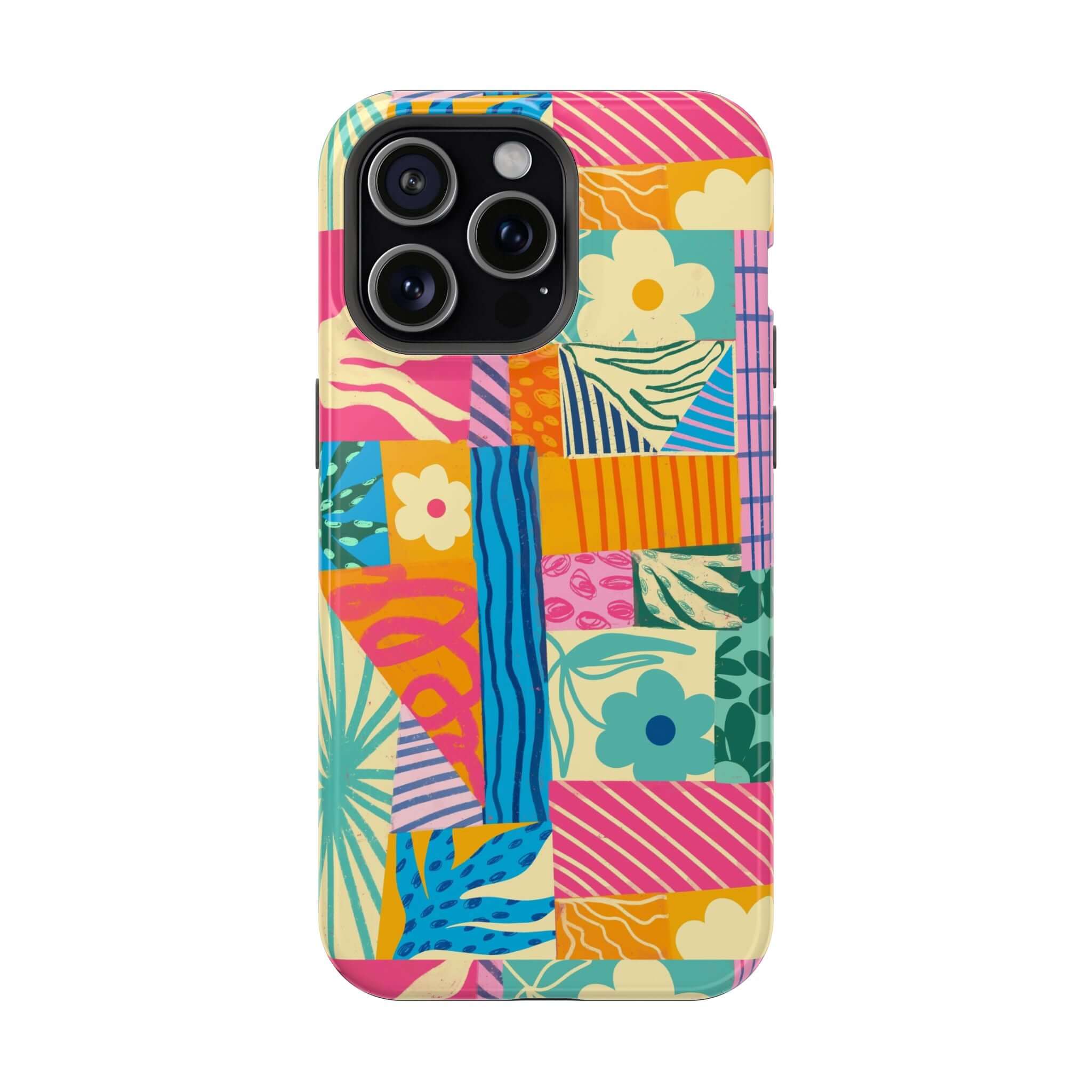 Cute phone case for iPhone 16 with colorful patchwork design, perfect for beach lovers seeking a playful and vibrant style.