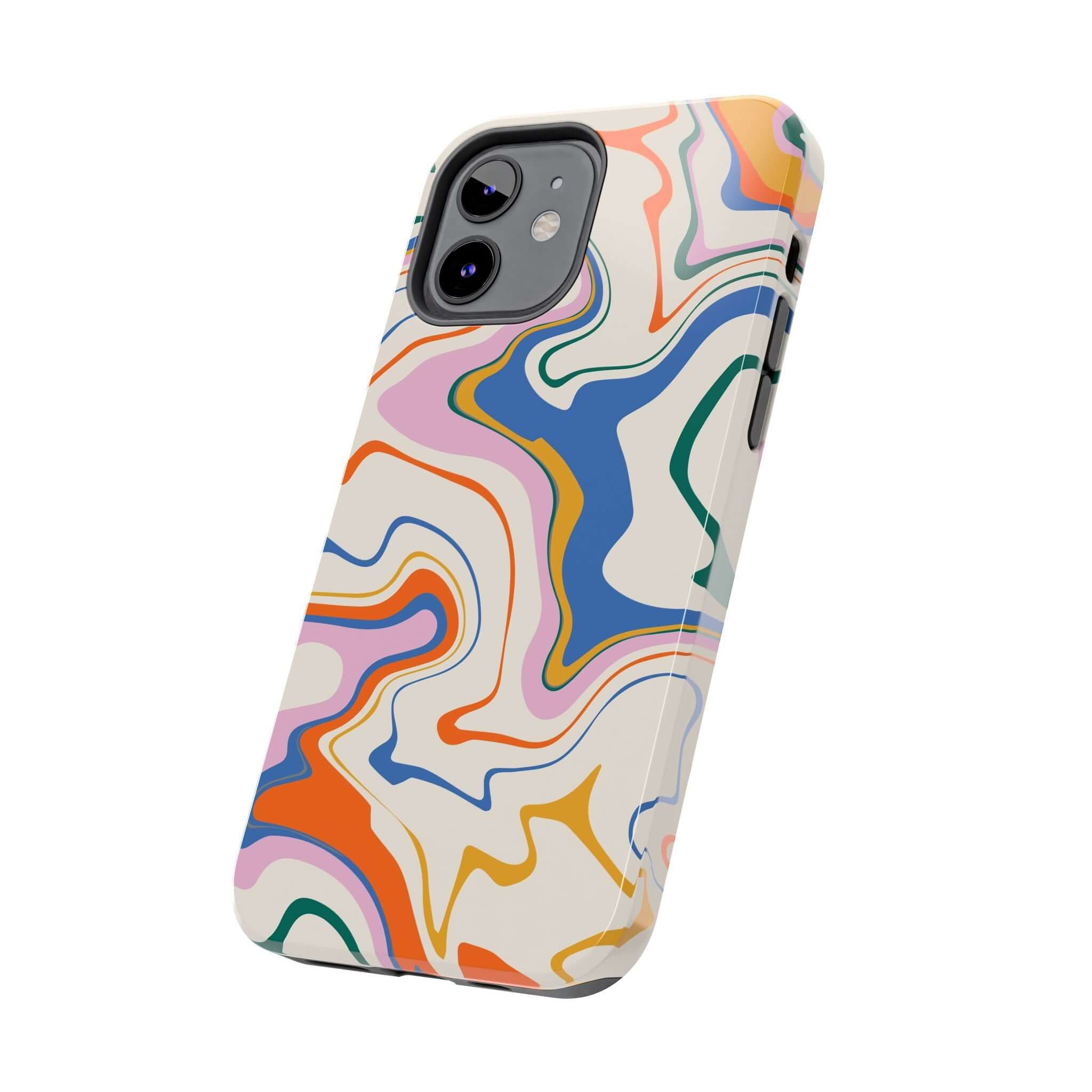 Colorful abstract iPhone 14 Pro Max case with vibrant swirl design, perfect for adding a splash of color and cute style to your phone.