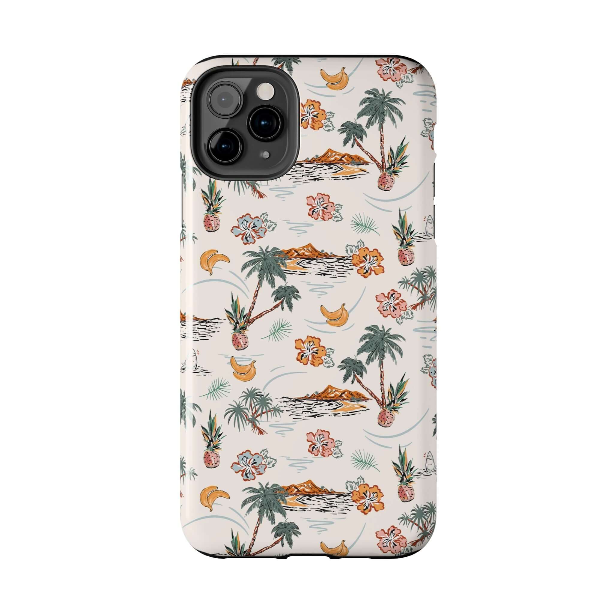 Tropical Vacation cute iPhone 14 case with beach design, palm trees, and flowers, offering free shipping for playful beach getaways.