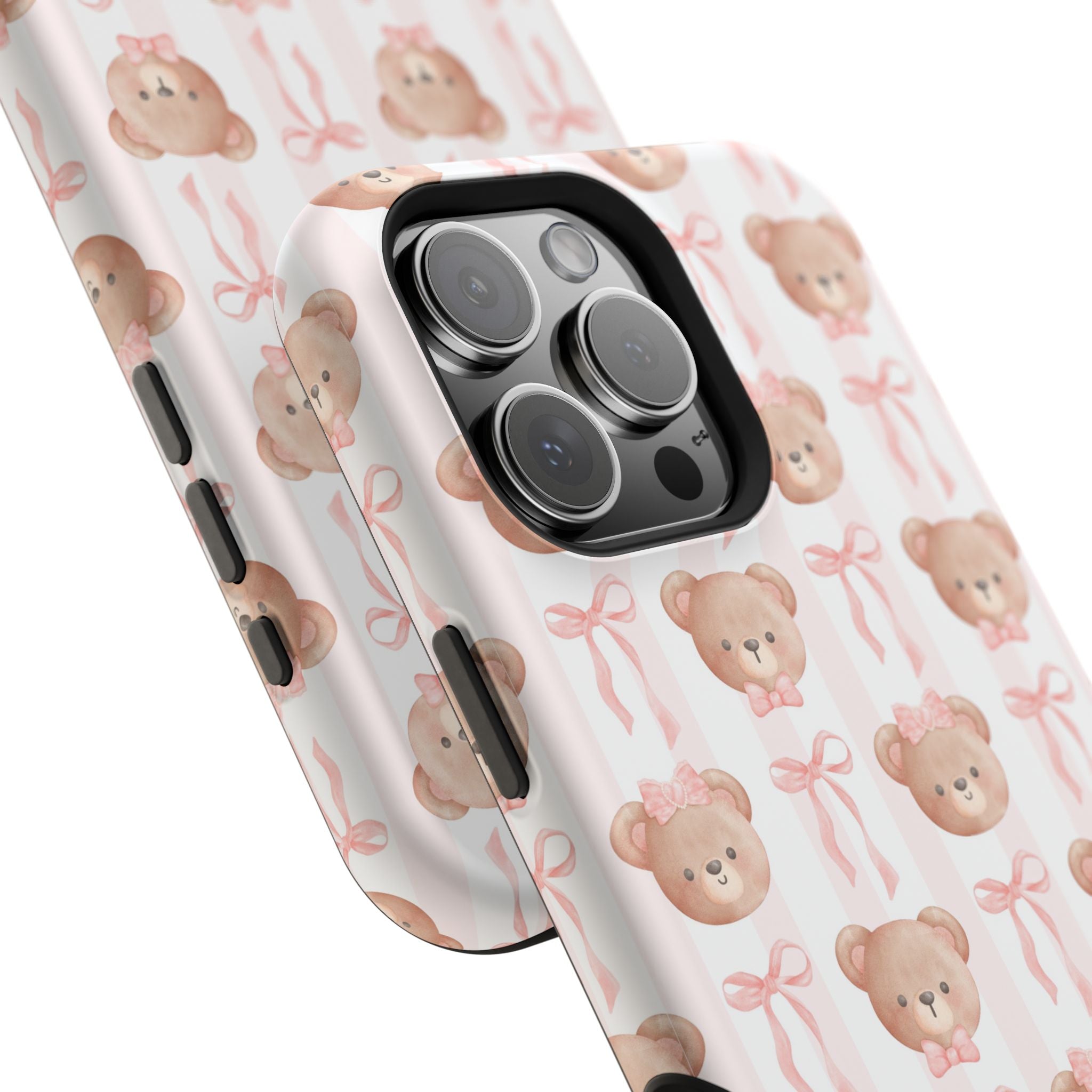 Cute phone case with adorable bear design and pink bows, perfect for adding a playful touch to your accessories.