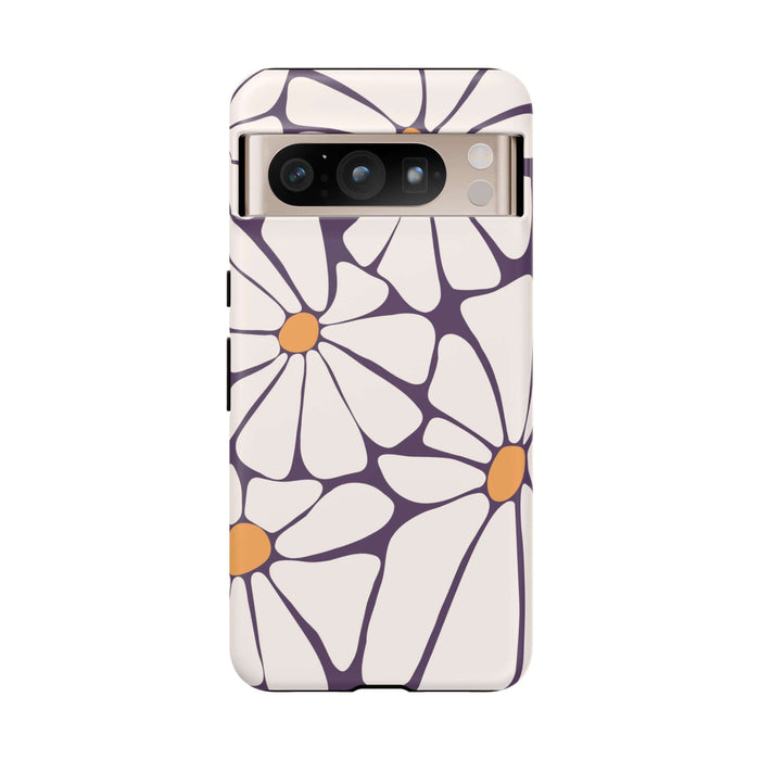 Purple Haze retro flowers phone case for Samsung or Pixel, cute phone case with white and orange flowers, protective and stylish.