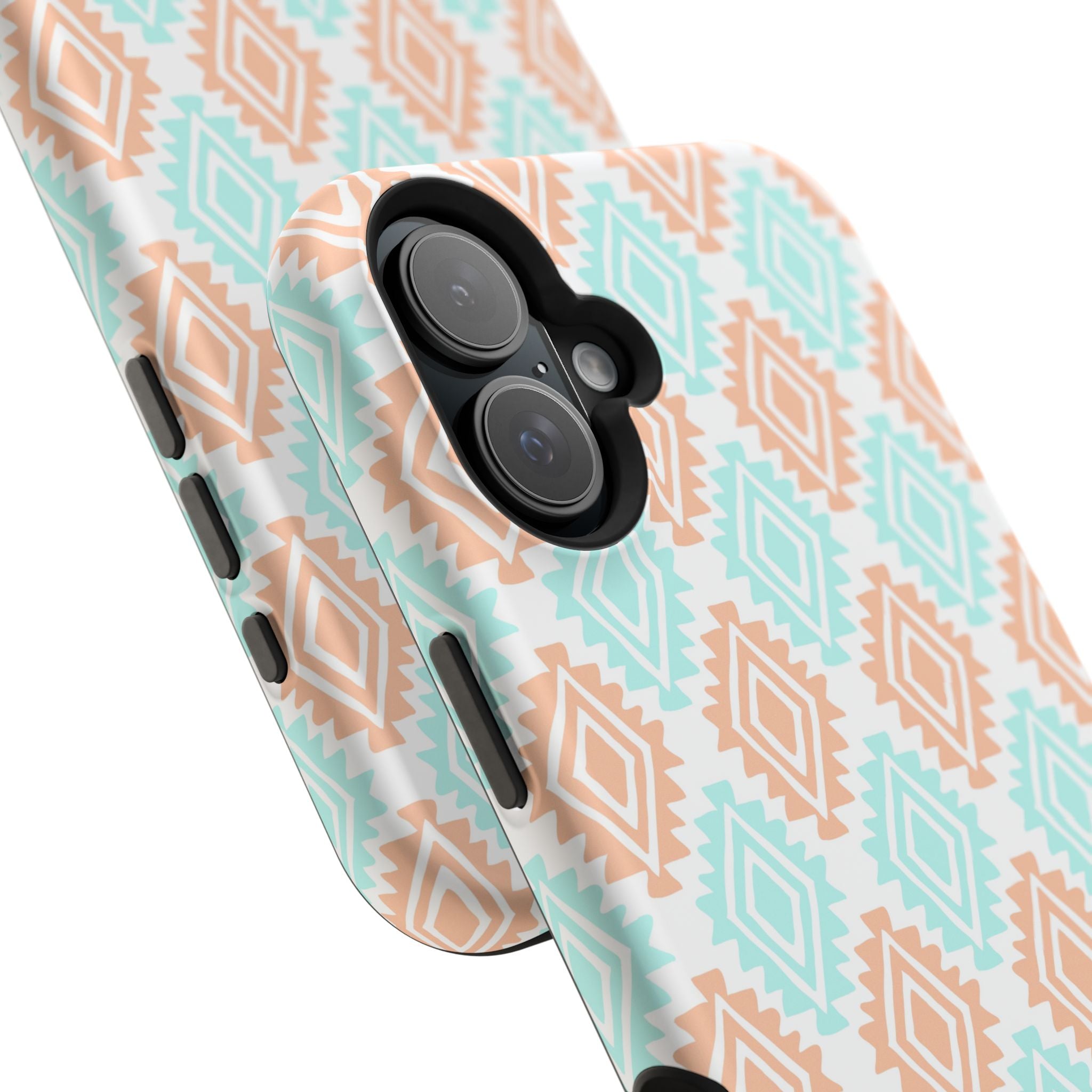 Southwestern MagSafe iPhone Case with abstract design, cute phone cover in teal and tan geometric pattern.