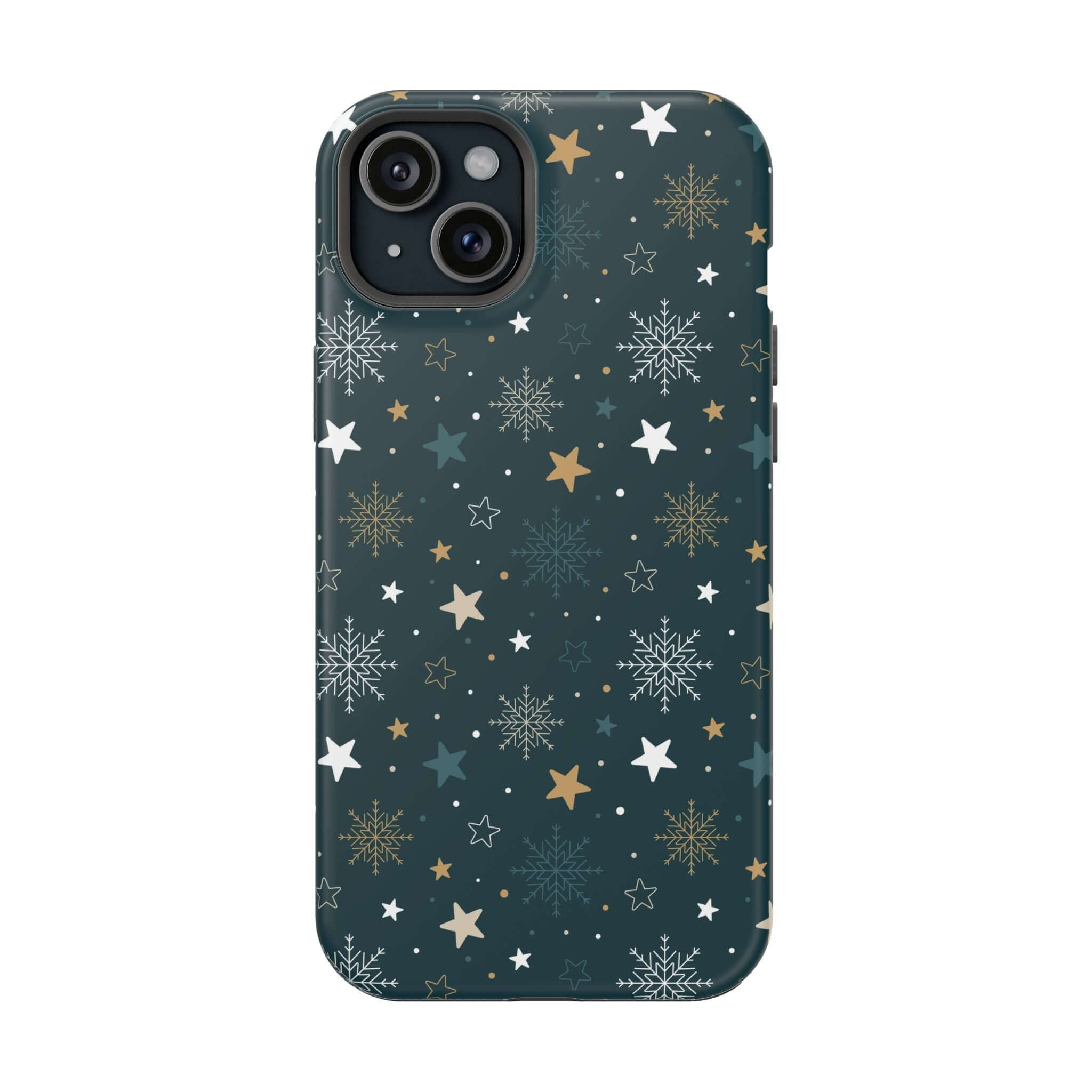 Frosted Wishes Christmas MagSafe case with festive stars and snowflakes, a cute holiday phone cover for secure charging.