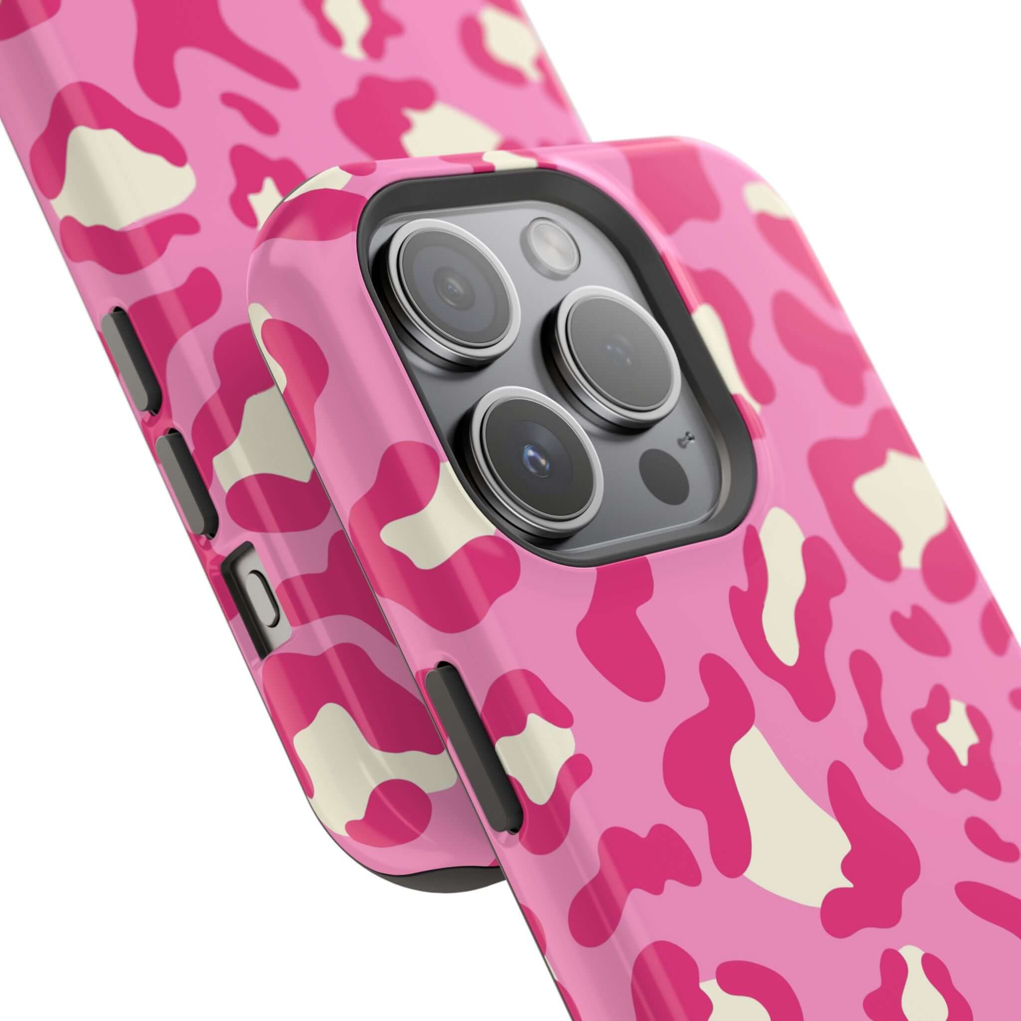 Preppy Cheetah Pink Case for iPhone 14 Pro Max with colorful MagSafe design.