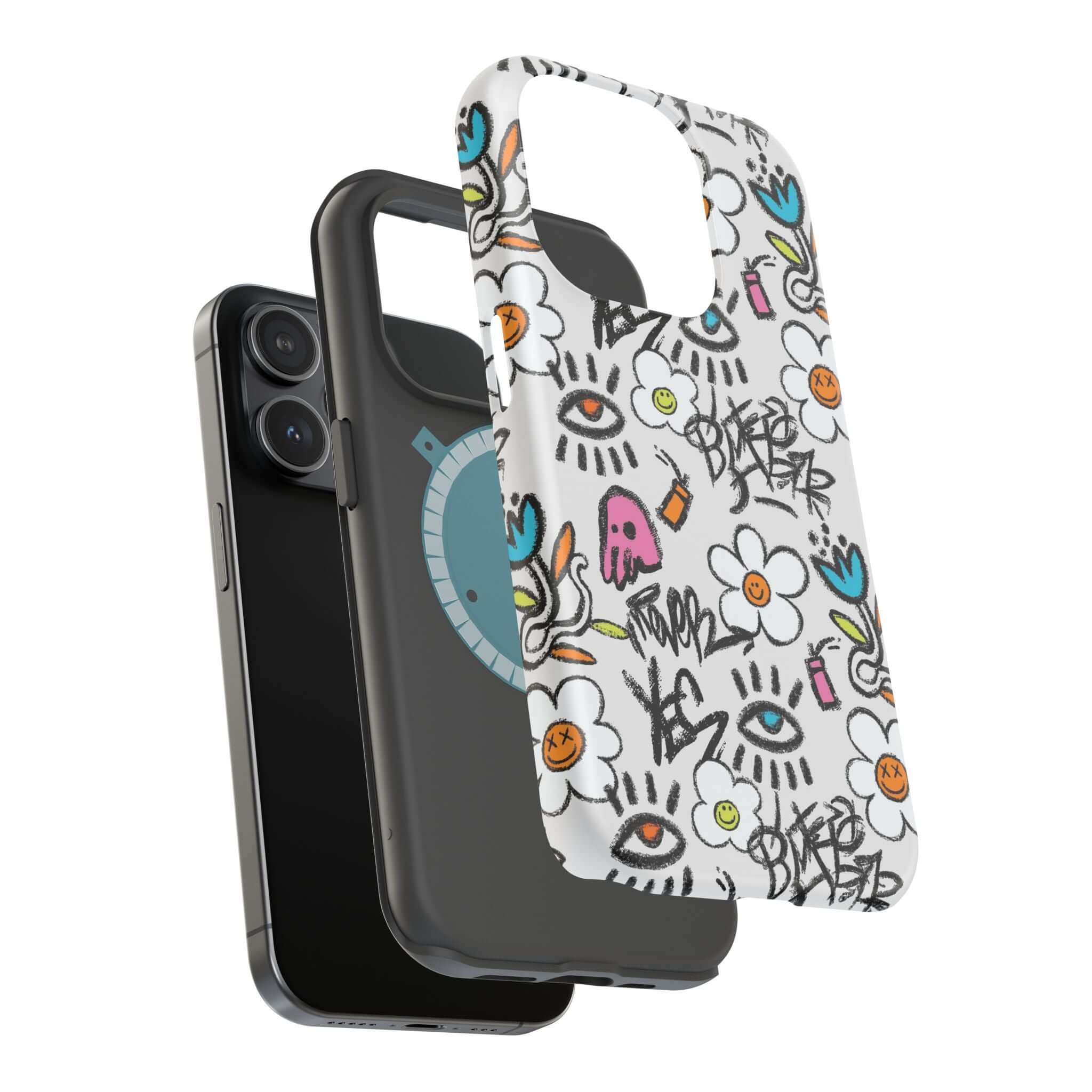 Happy Chaos Floral Graffiti Case for iPhone, showcasing vibrant colors and cute design, perfect cute phone cover.