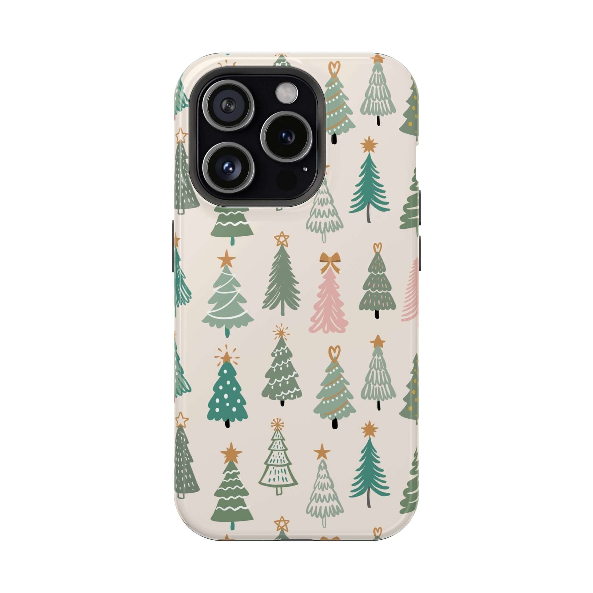 Christmas tree design MagSafe case for iPhone, featuring festive holiday patterns; cute and protective xmas phone cover.