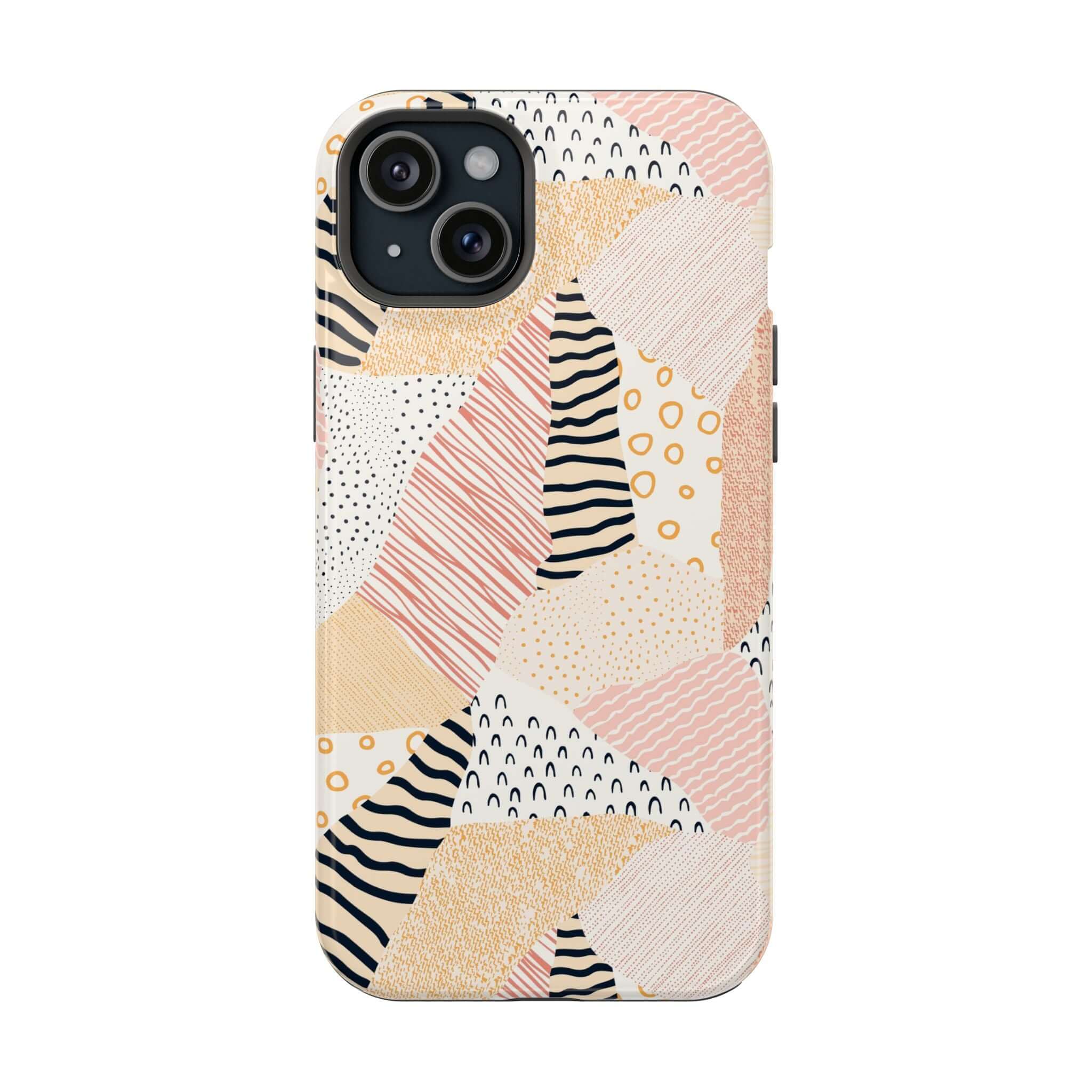 Pastel Patch colorful patchwork phone case for iPhone 16, featuring cute peach and vibrant patterns to brighten your device.