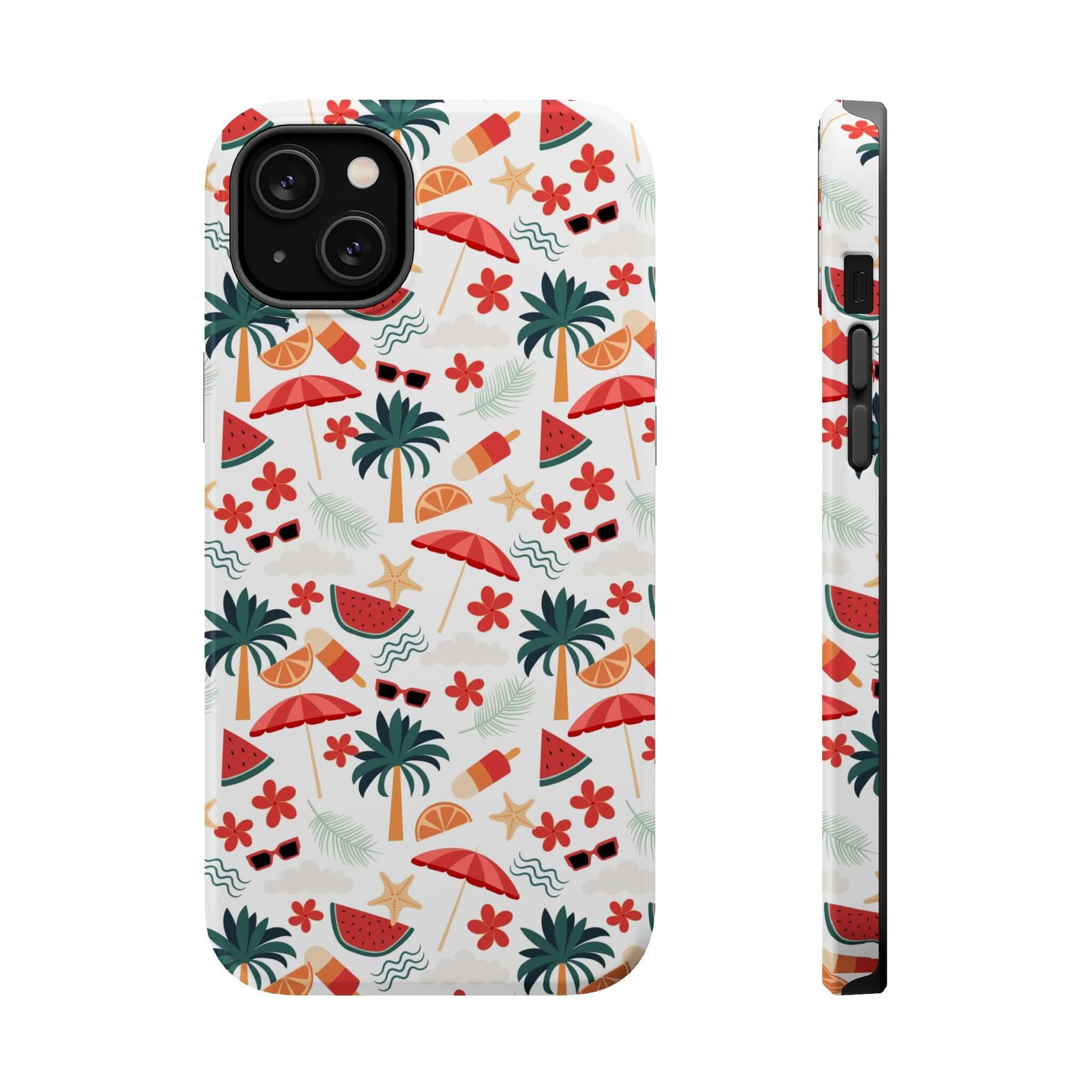 Cute iPhone 14 case with playful beach design featuring palm trees, umbrellas, and fruits, perfect phone cover with free shipping