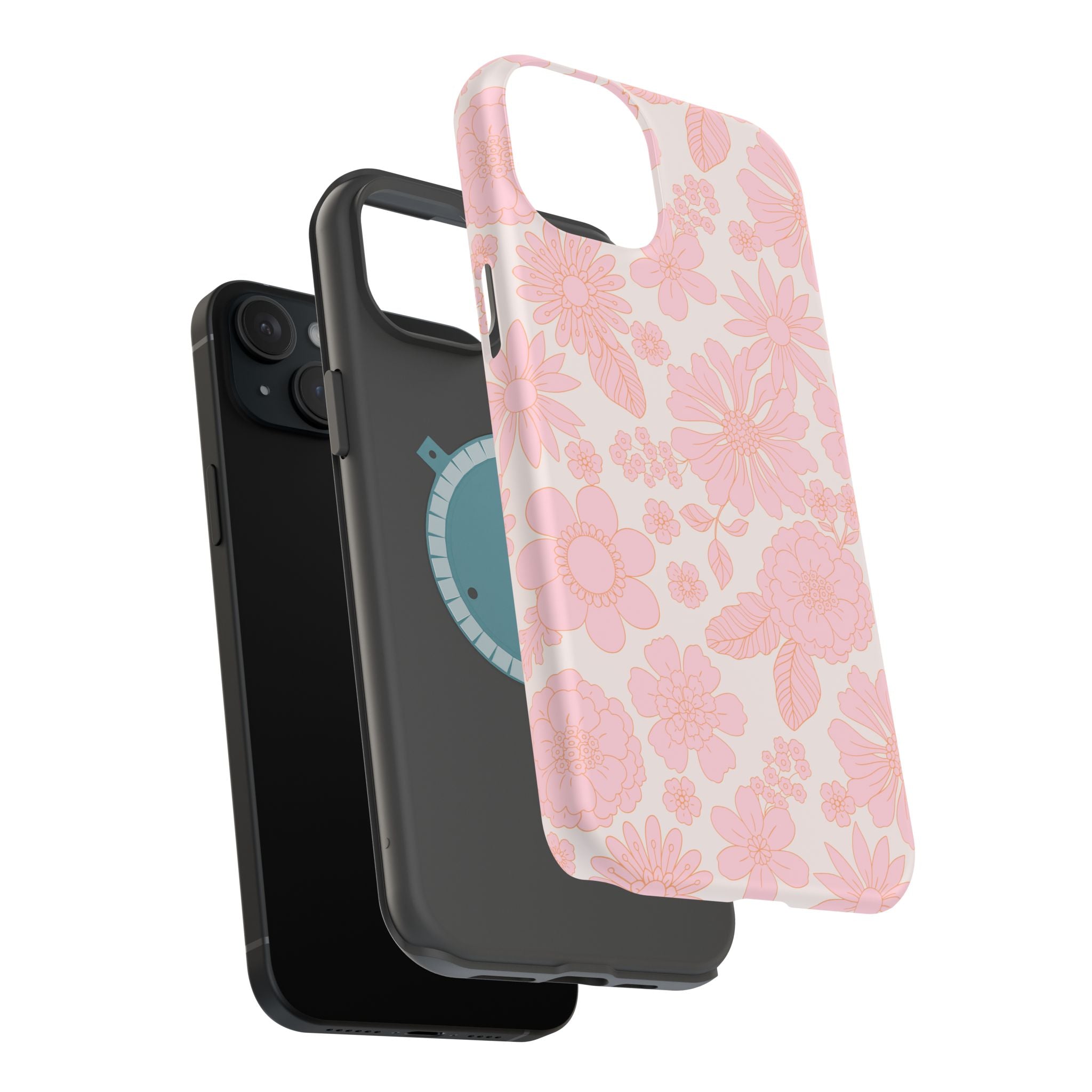 Pink floral MagSafe phone case for iPhone 16 with charming cottagecore design and protective cover, perfect cute accessory.