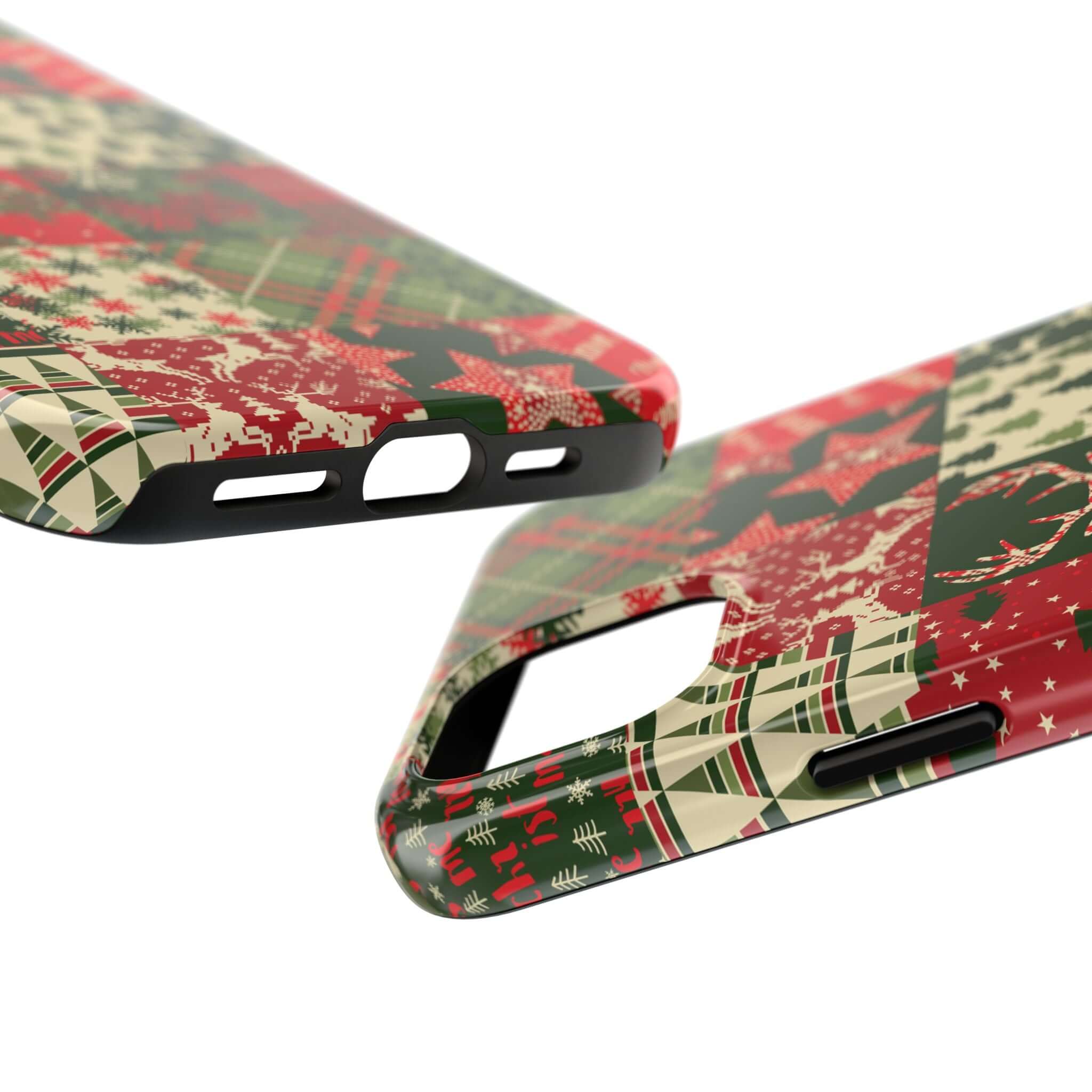 Festive green and red Christmas-themed phone case with reindeer and snowflake designs; perfect cute iPhone case for the holidays.