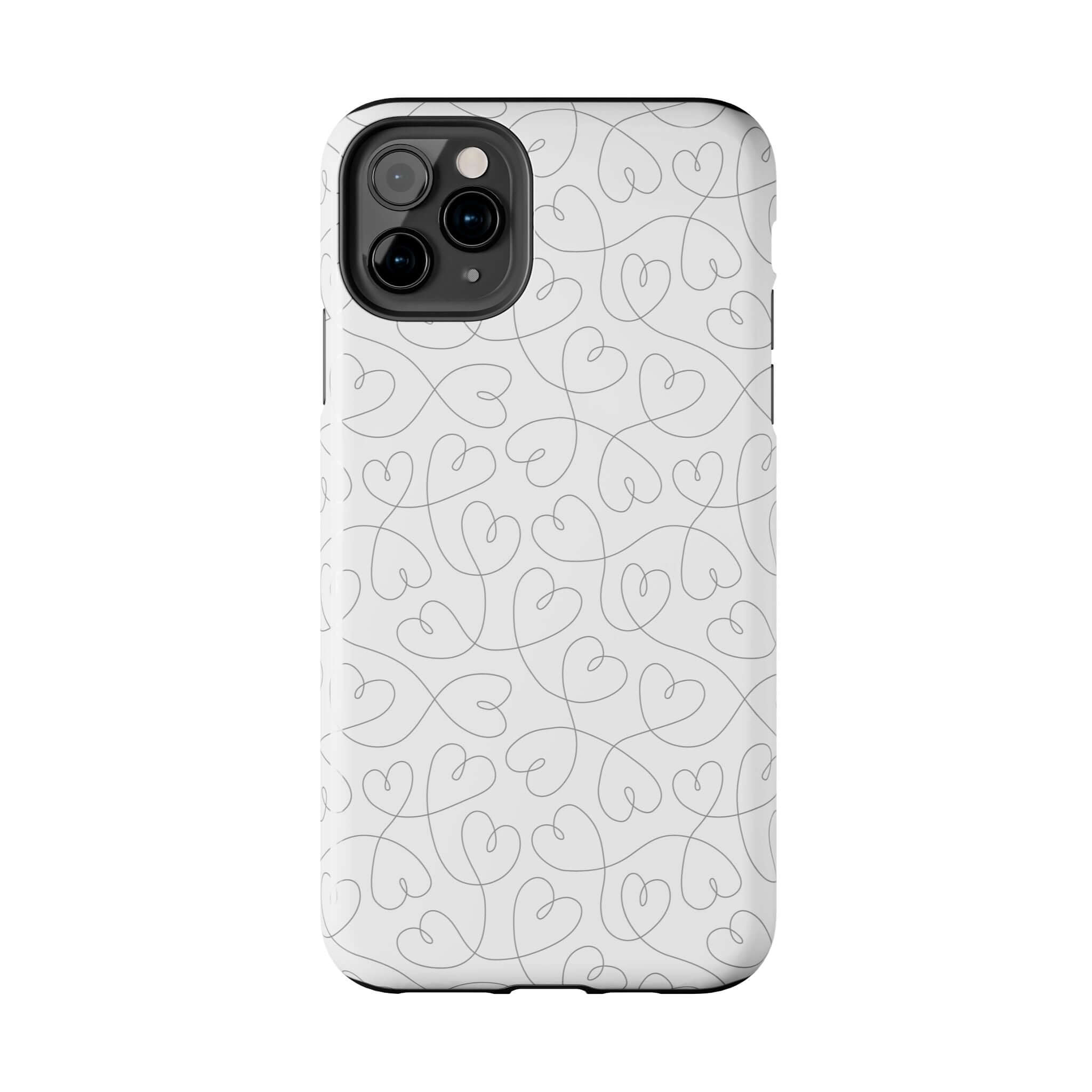 iPhone 14 Pro Max case with cute abstract hearts on a silver background, perfect for brides and weddings.