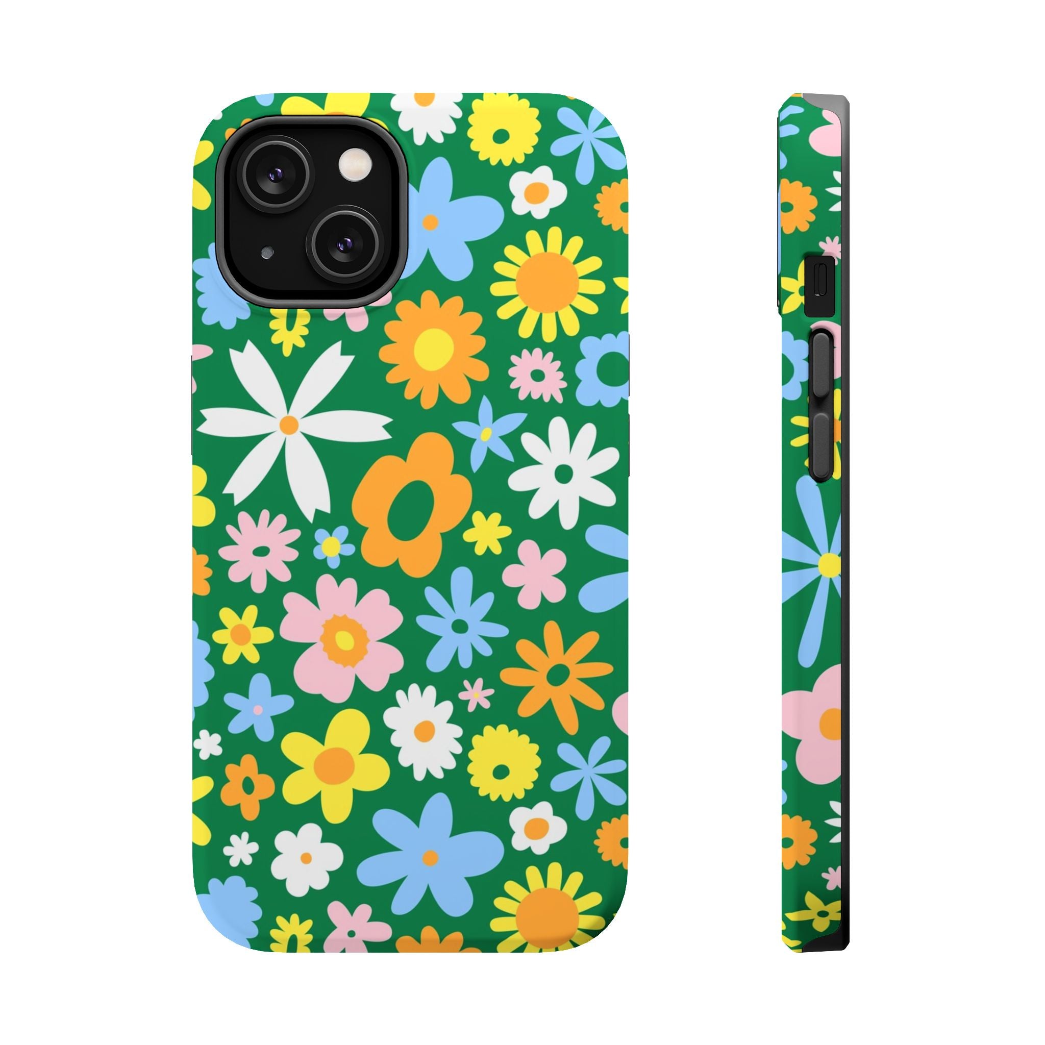 Vibrant floral hippie design MagSafe iPhone case with colorful flowers on green, cute phone cover for style and protection.