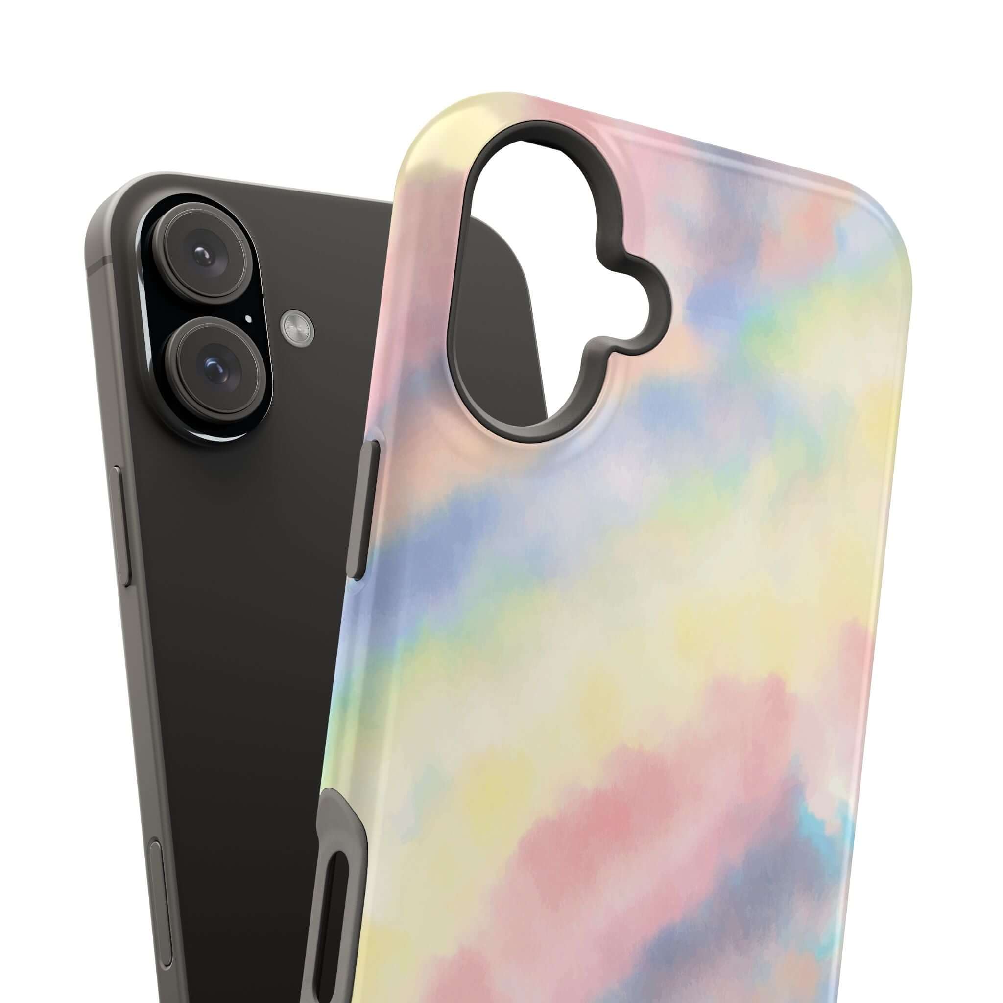 Cute iPhone case with pastel tie dye design, showcasing Unicorn Dreams and MagSafe compatibility. Custom phone case.